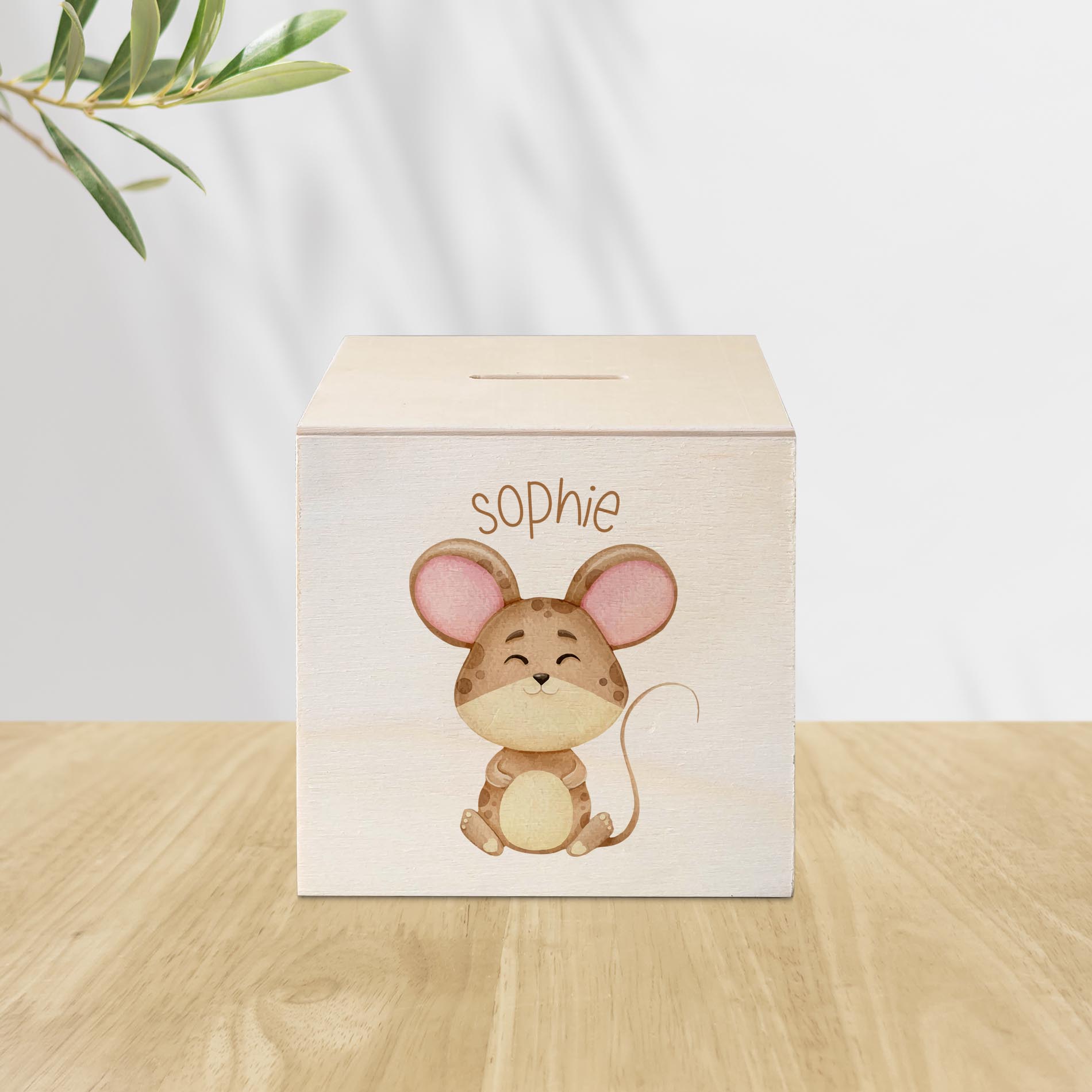 hübsche Holzspardose: personalisierbare Sparbüchse Motiv 12 Maus