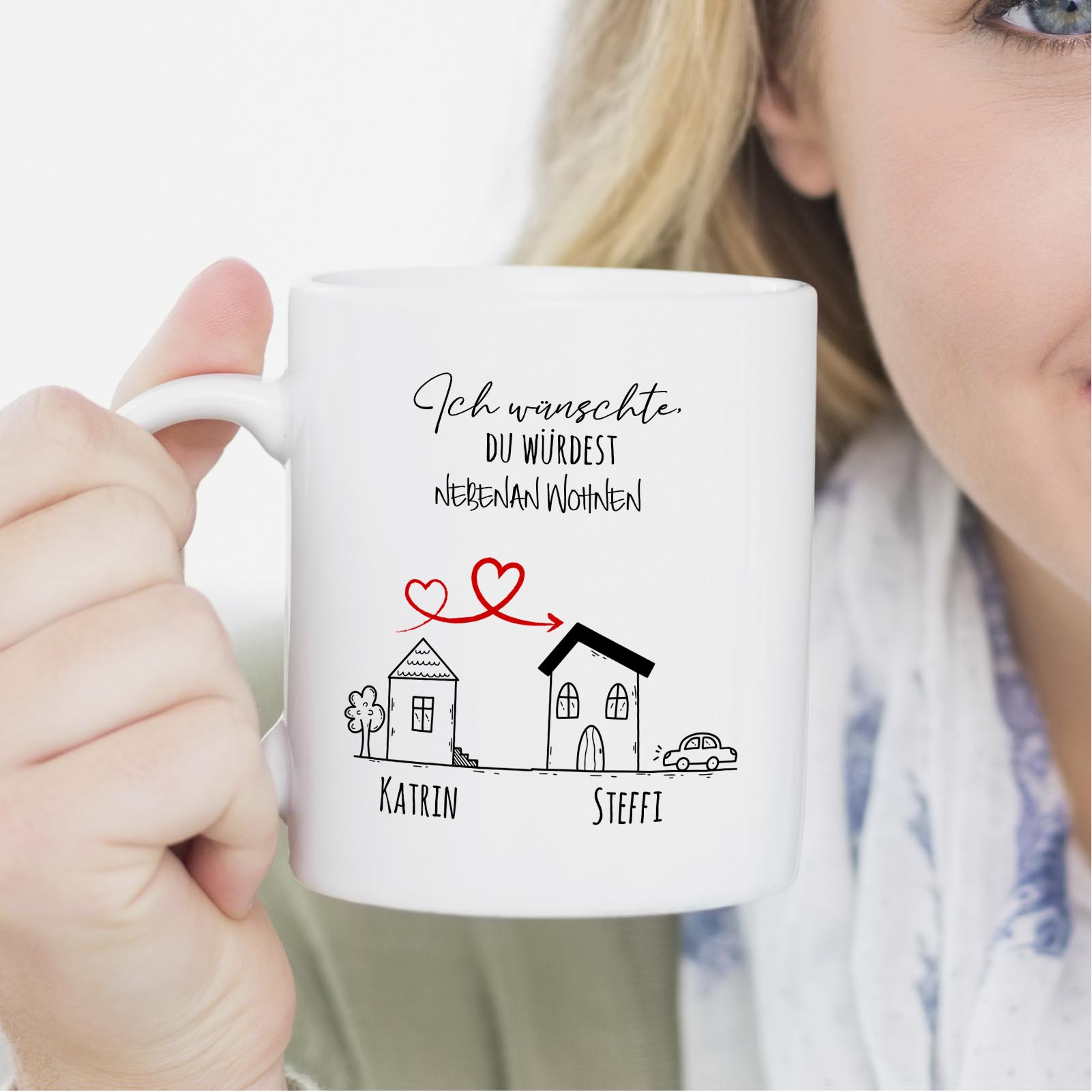 Personalisierte Tasse 330 ml – „Ich wünschte du würdest nebenan wohnen“ – mit 2 Namen – beidseitig b