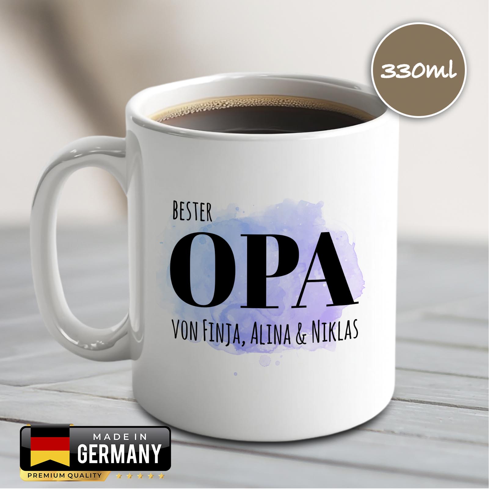 Personalisierte Tasse 330 ml – Bester Opa der Welt – mit Namen der Enkel – beidseitig bedruckt