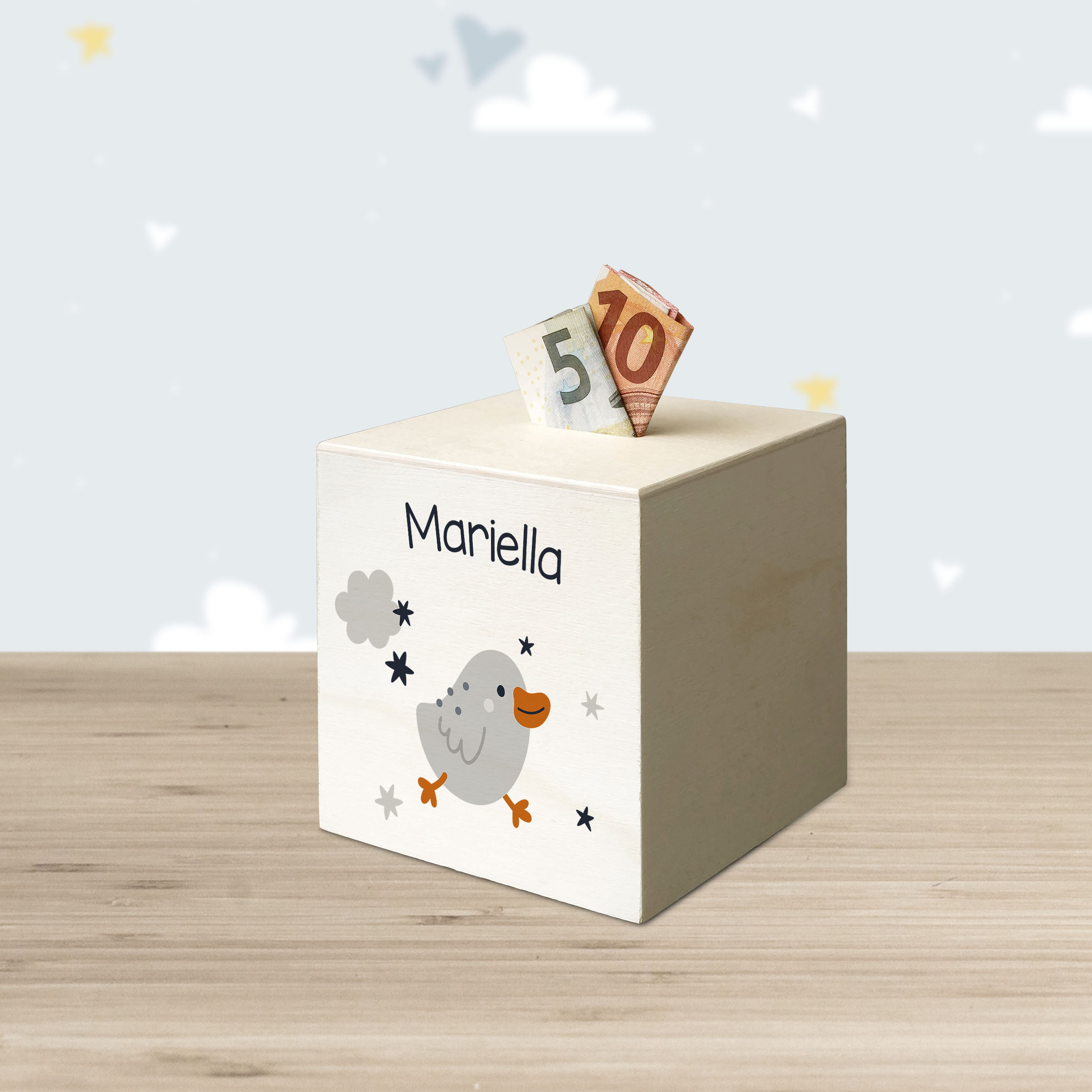 hübsche Holzspardose: personalisierbare Sparbüchse Motiv 85 Vogel