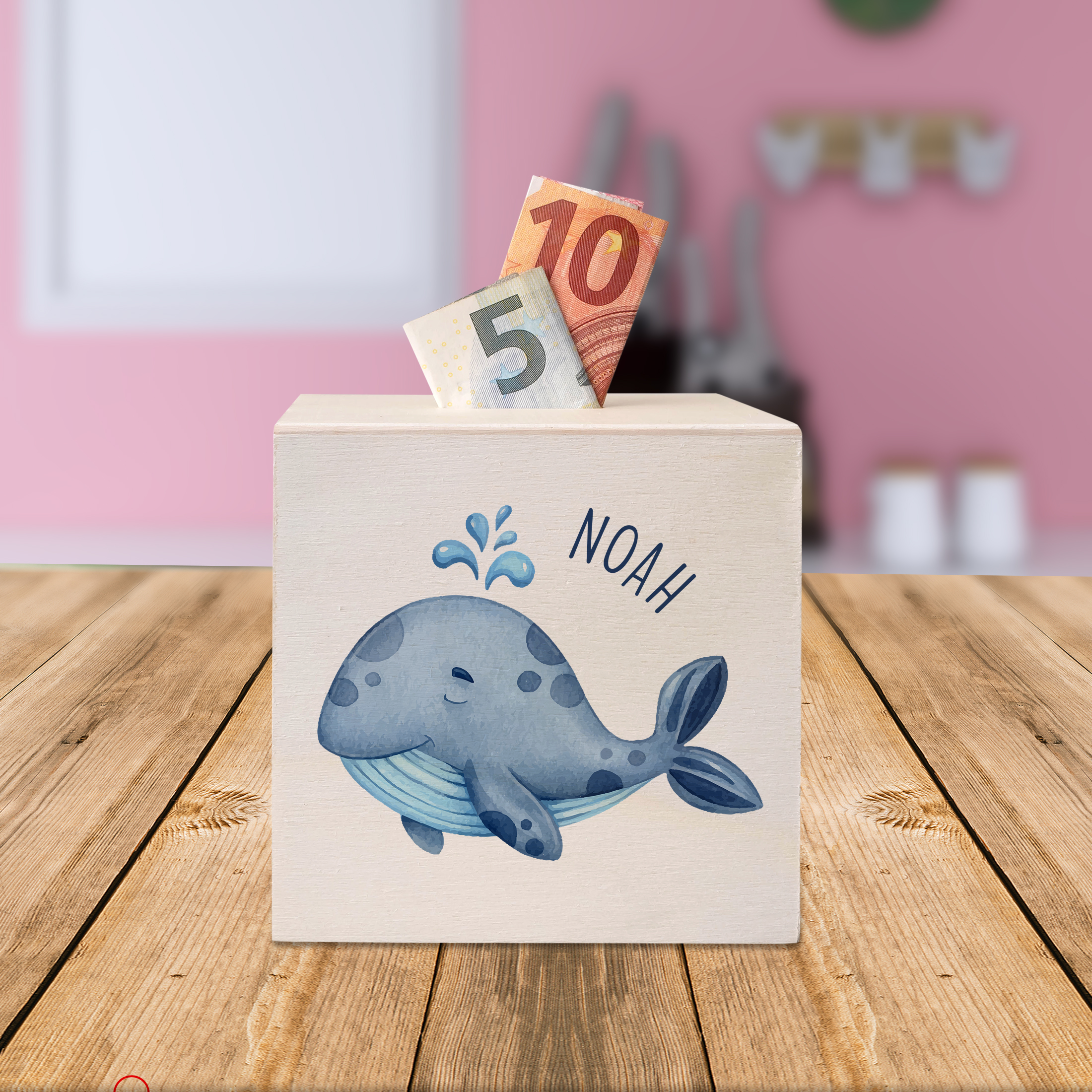 hübsche Holzspardose: personalisierbare Sparbüchse Motiv 03 Walfisch