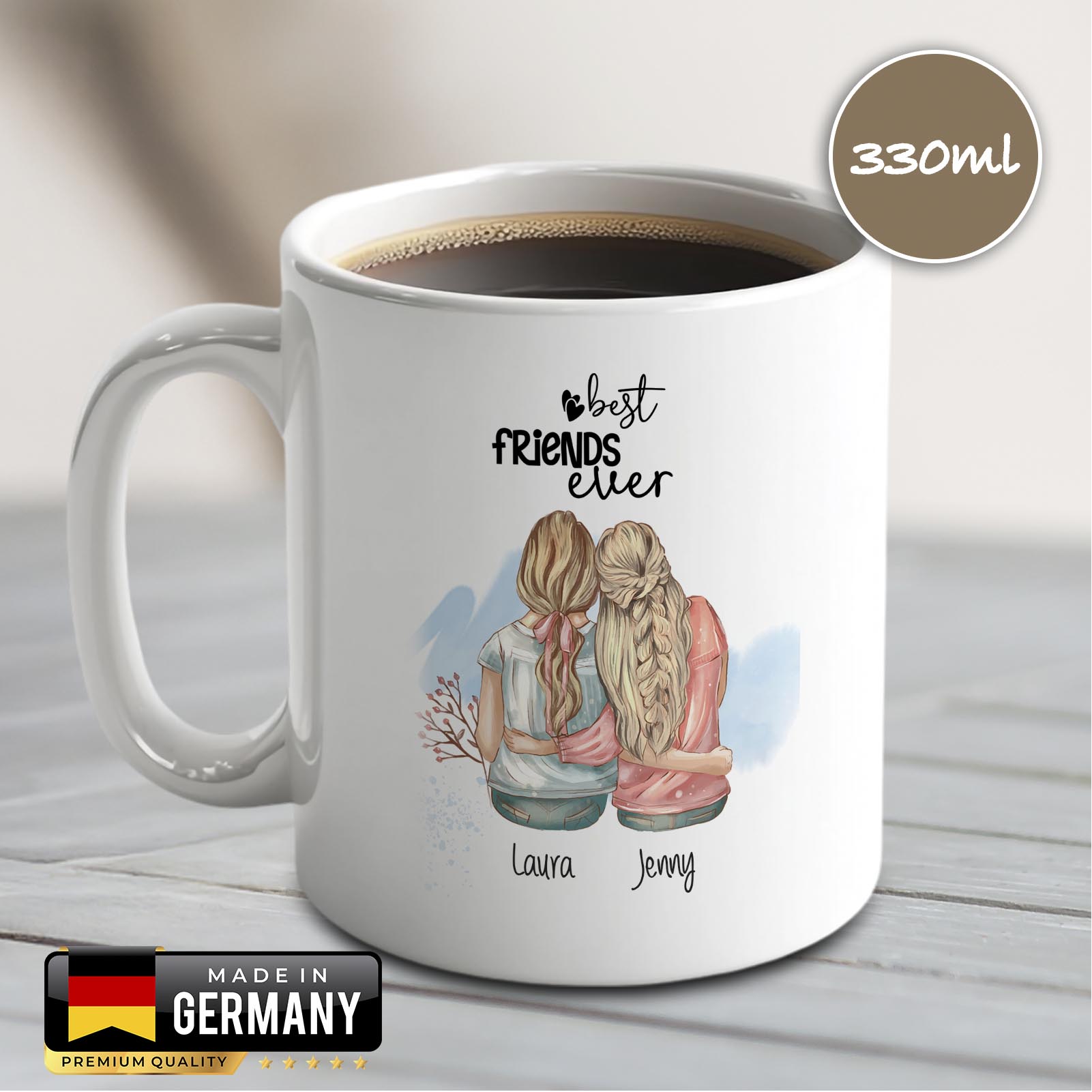 Personalisierte Tasse 330 ml – Beste Freundin – mit 2 Namen – beidseitig bedruckt
