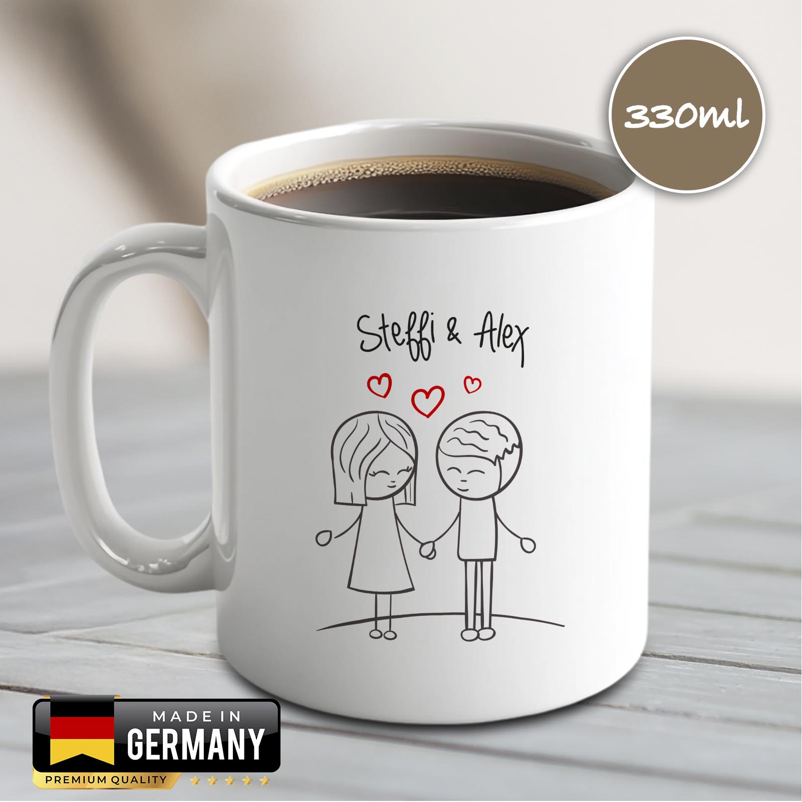 Personalisierte Tasse 330 ml – Liebespaar – mit 2 Namen – beidseitig bedruckt