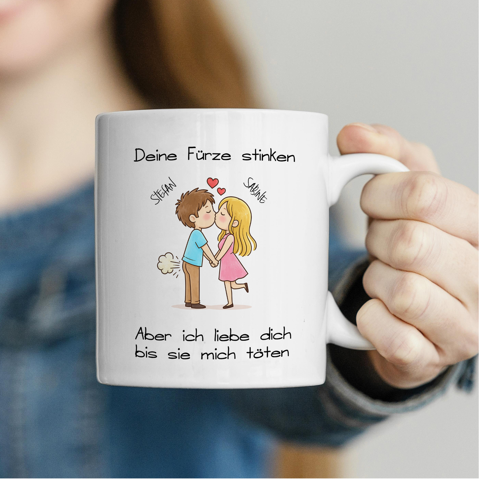 Keramiktasse 330ml „Deine Fürze stinken, aber ich liebe dich“ – personalisiert mit 2 Namen & Wunsch-