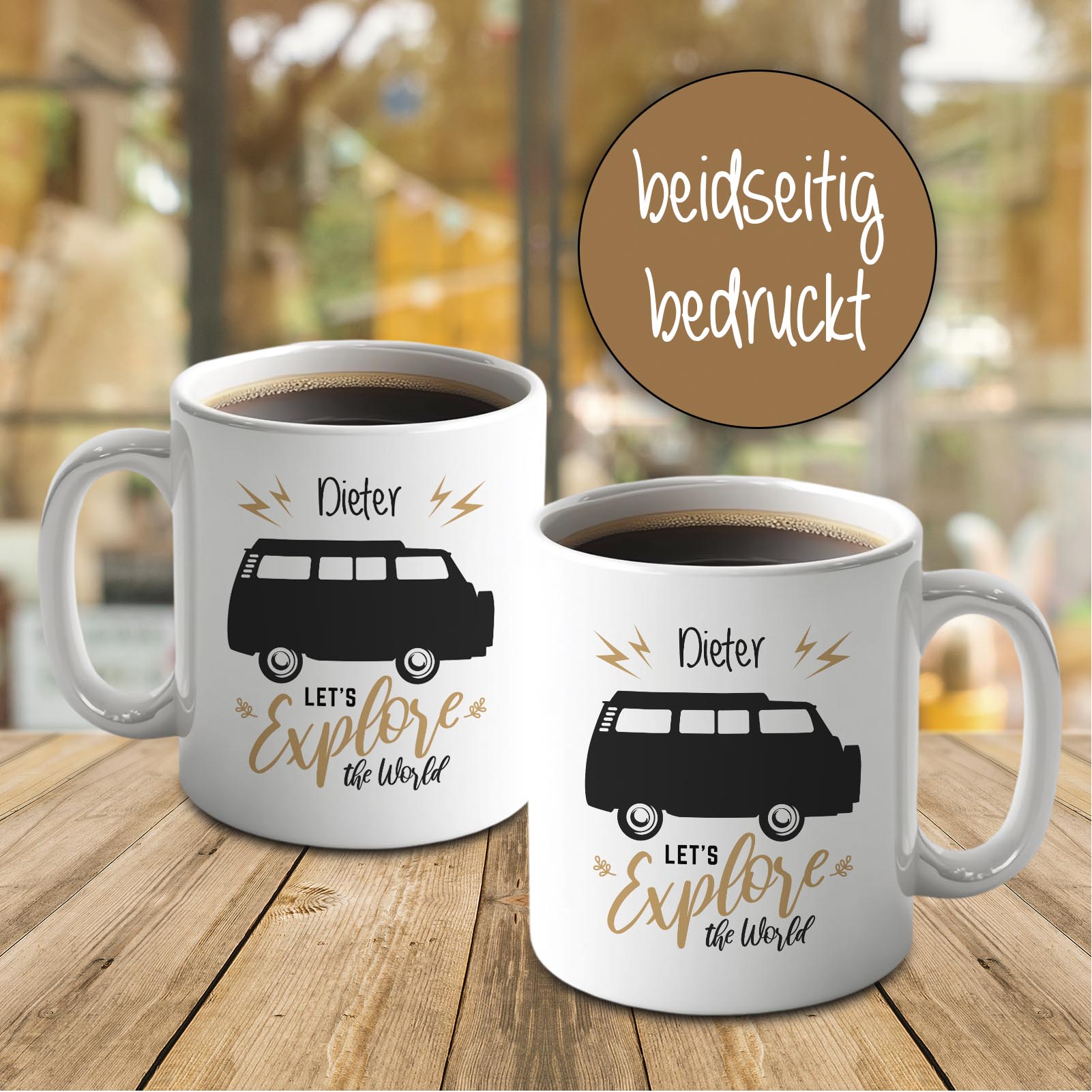 Personalisierte Tasse 330 ml – „Let’s explore the world“ Bulli Motiv – mit Wunschname – beidseitig b
