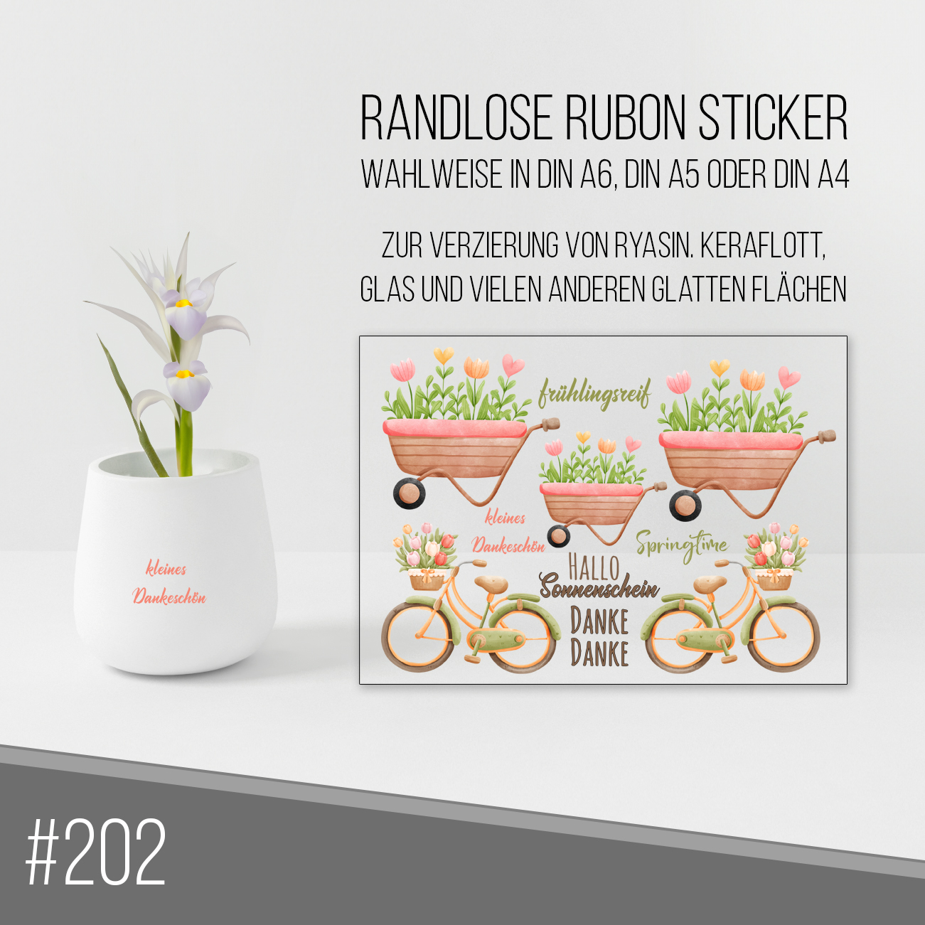 randlose Rub-on Sticker M202 Frühling, Schubkarre, Fahrrad,Blumen
