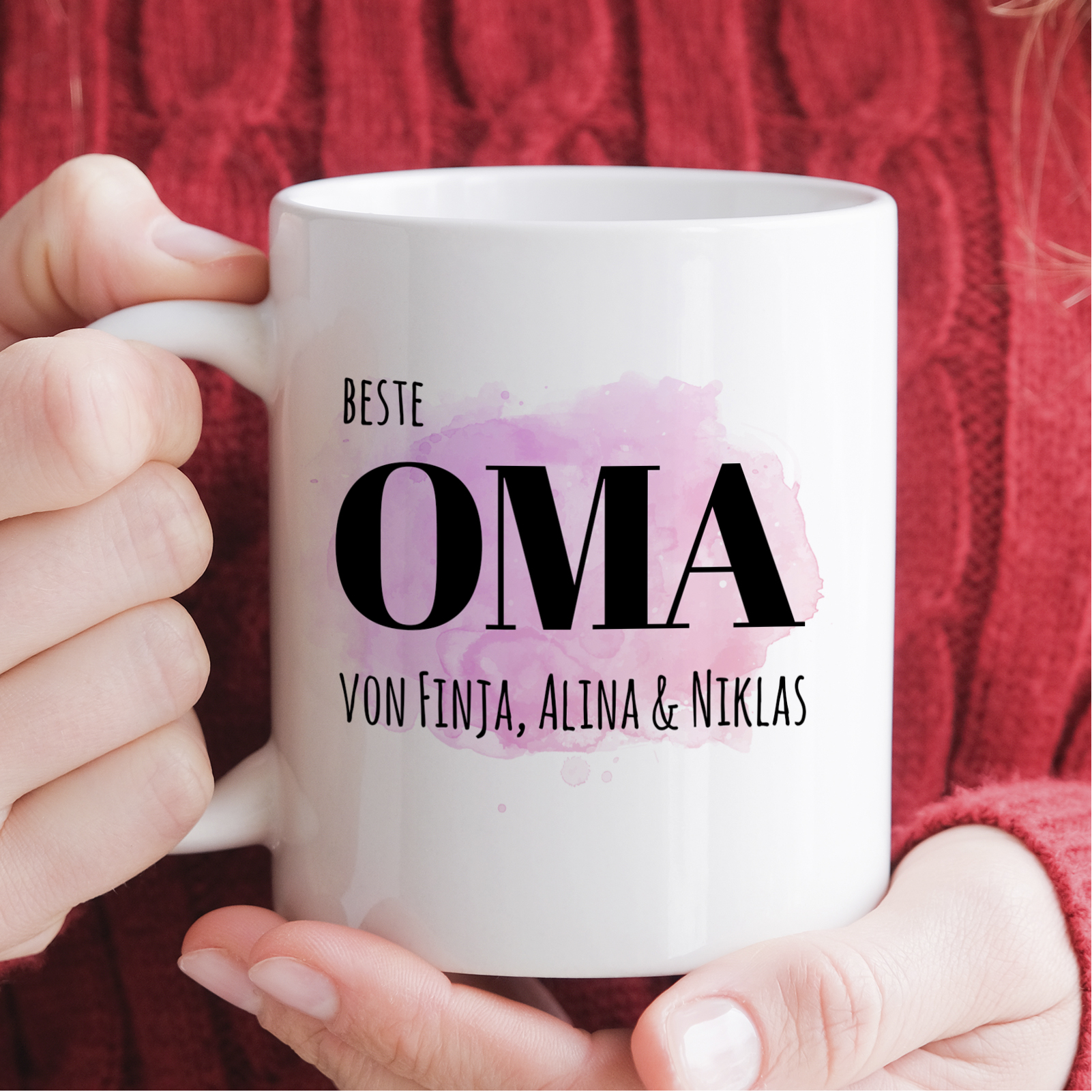 Personalisierte Tasse 330 ml – Beste Oma der Welt – mit Namen der Enkel – beidseitig bedruckt
