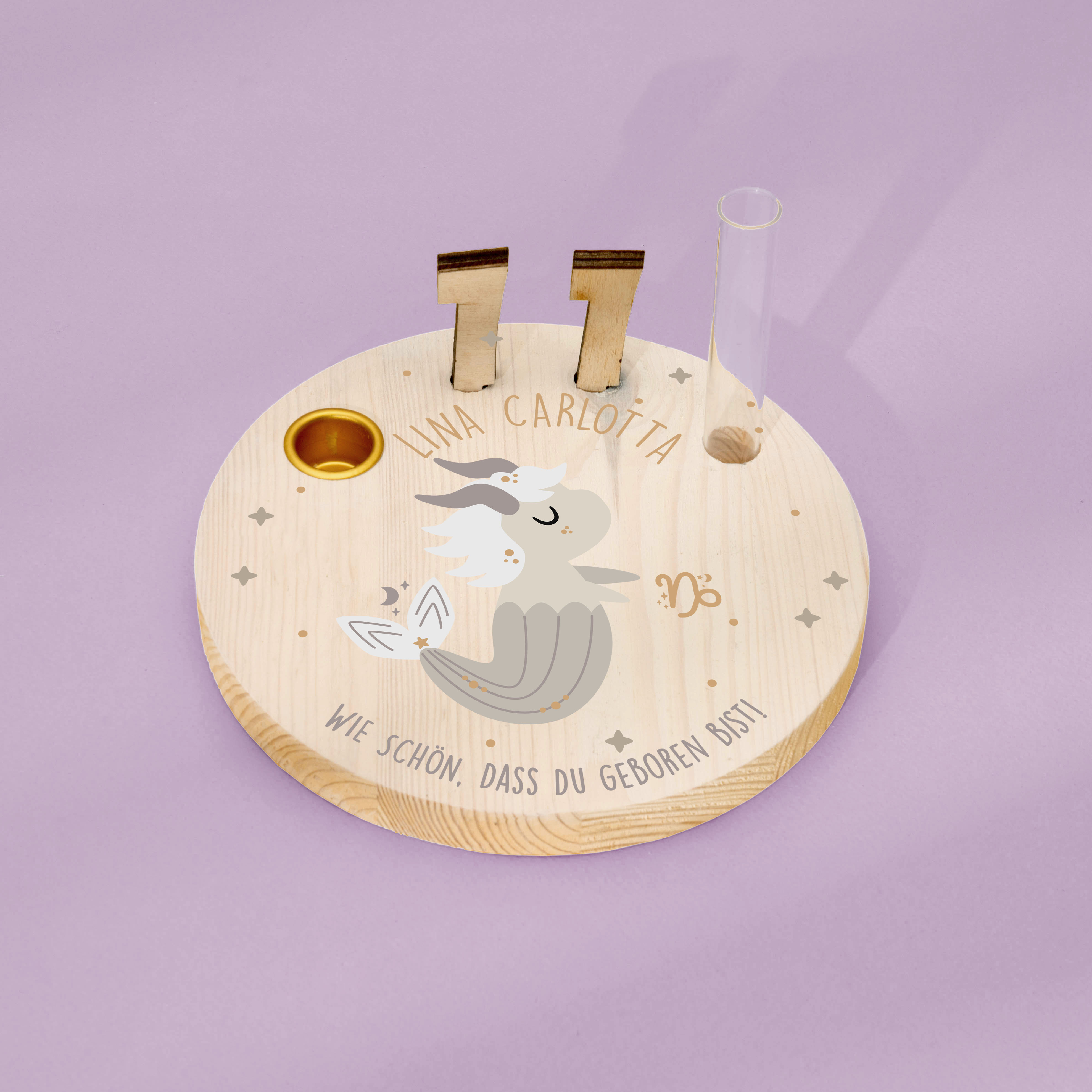 Geburtstagskranz  aus Holz mit  Wunschnamen personalisiert - Motiv 60 Sternzeichen Steinbock