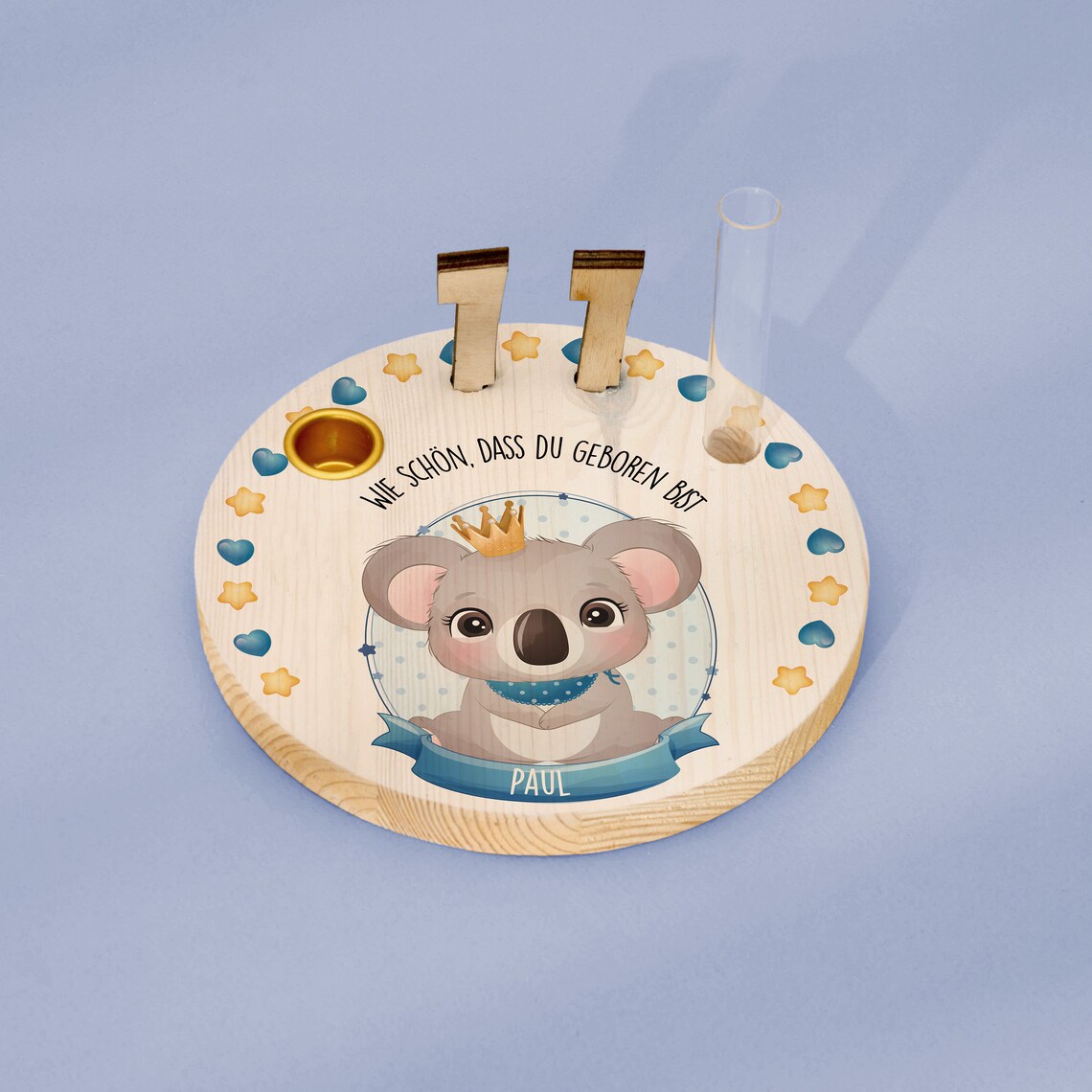 Geburtstagskranz  aus Holz mit  Wunschnamen personalisiert - Motiv 38 Koala blau