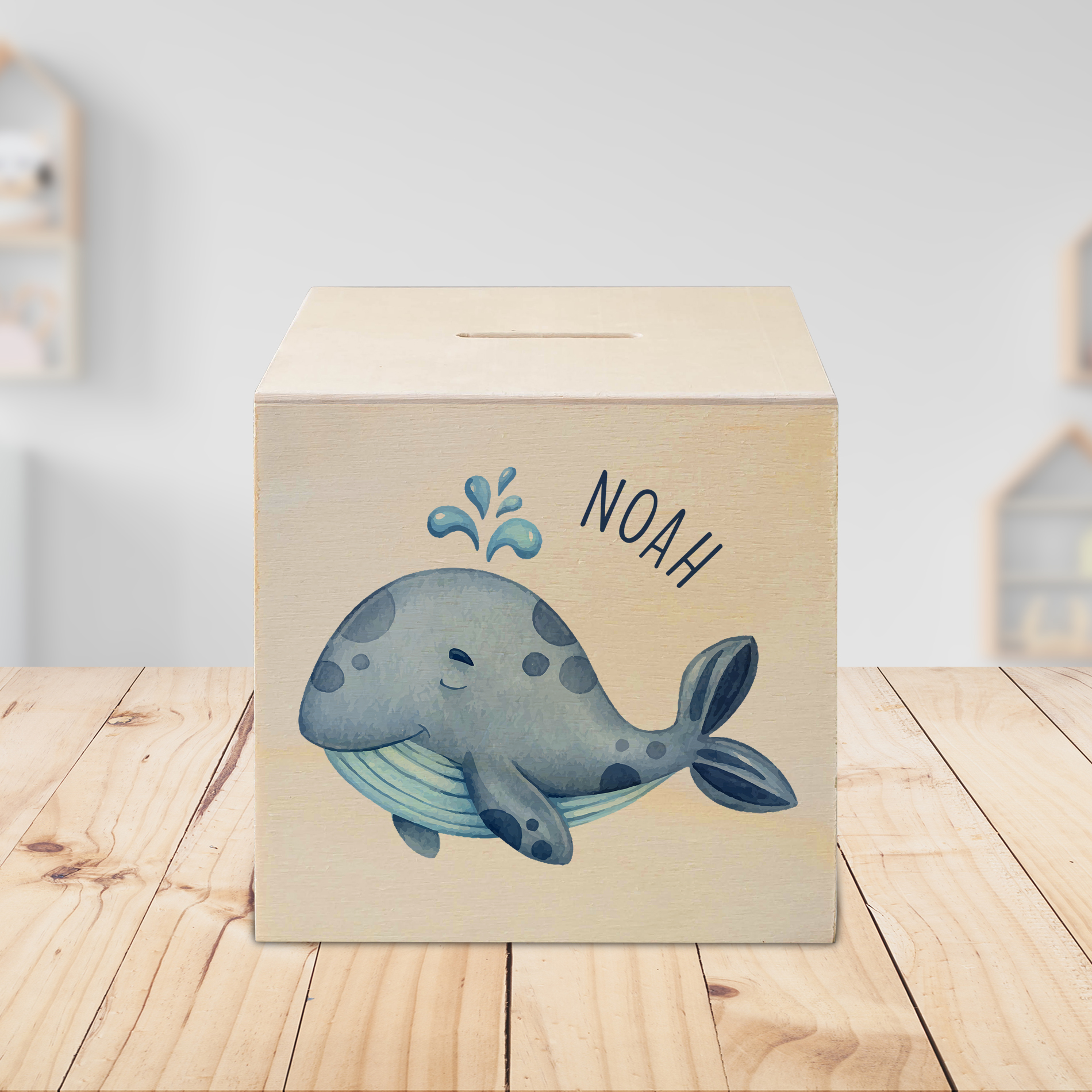 hübsche Holzspardose: personalisierbare Sparbüchse Motiv 03 Walfisch