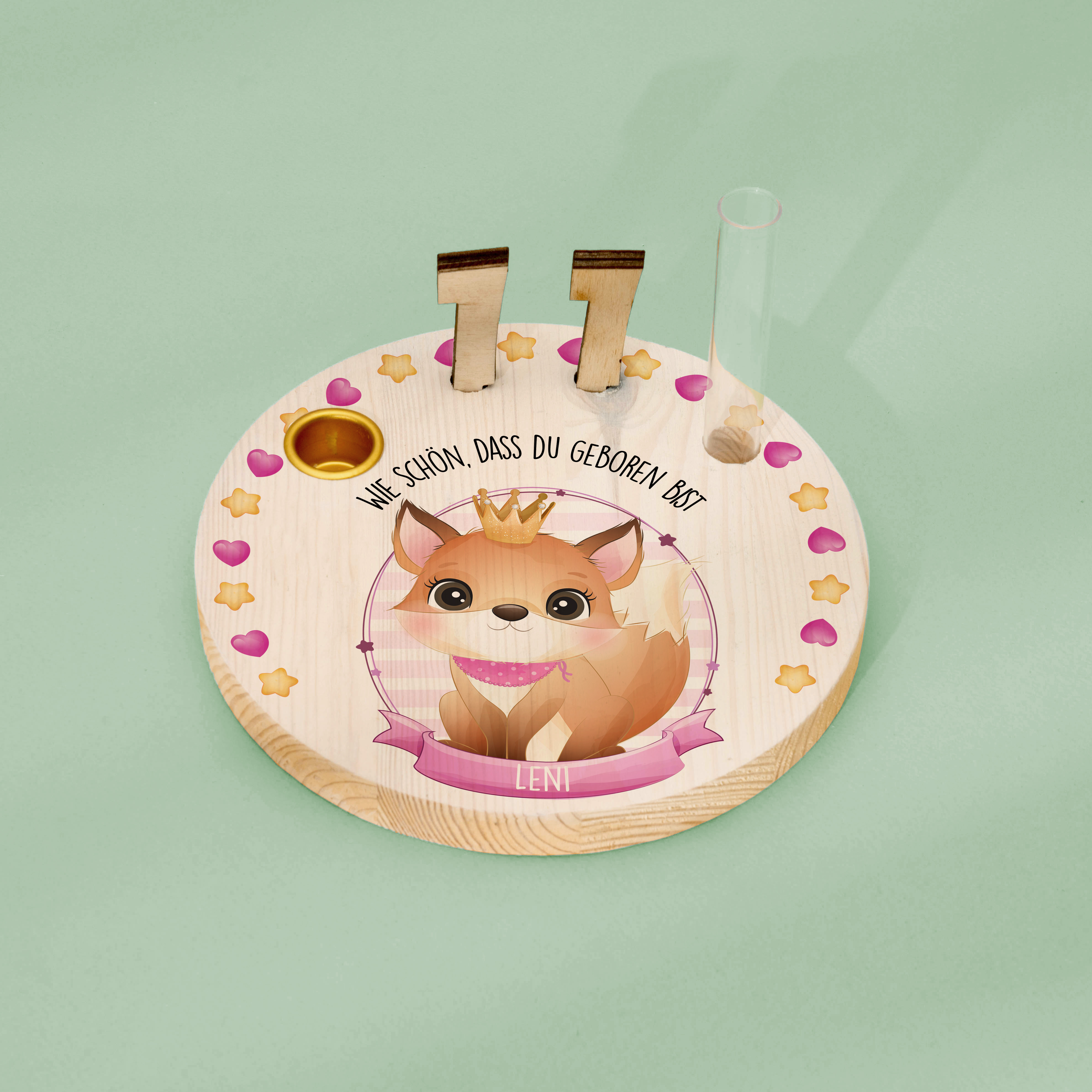 Geburtstagskranz  aus Holz mit  Wunschnamen personalisiert - Motiv 42 Fuchs rosa