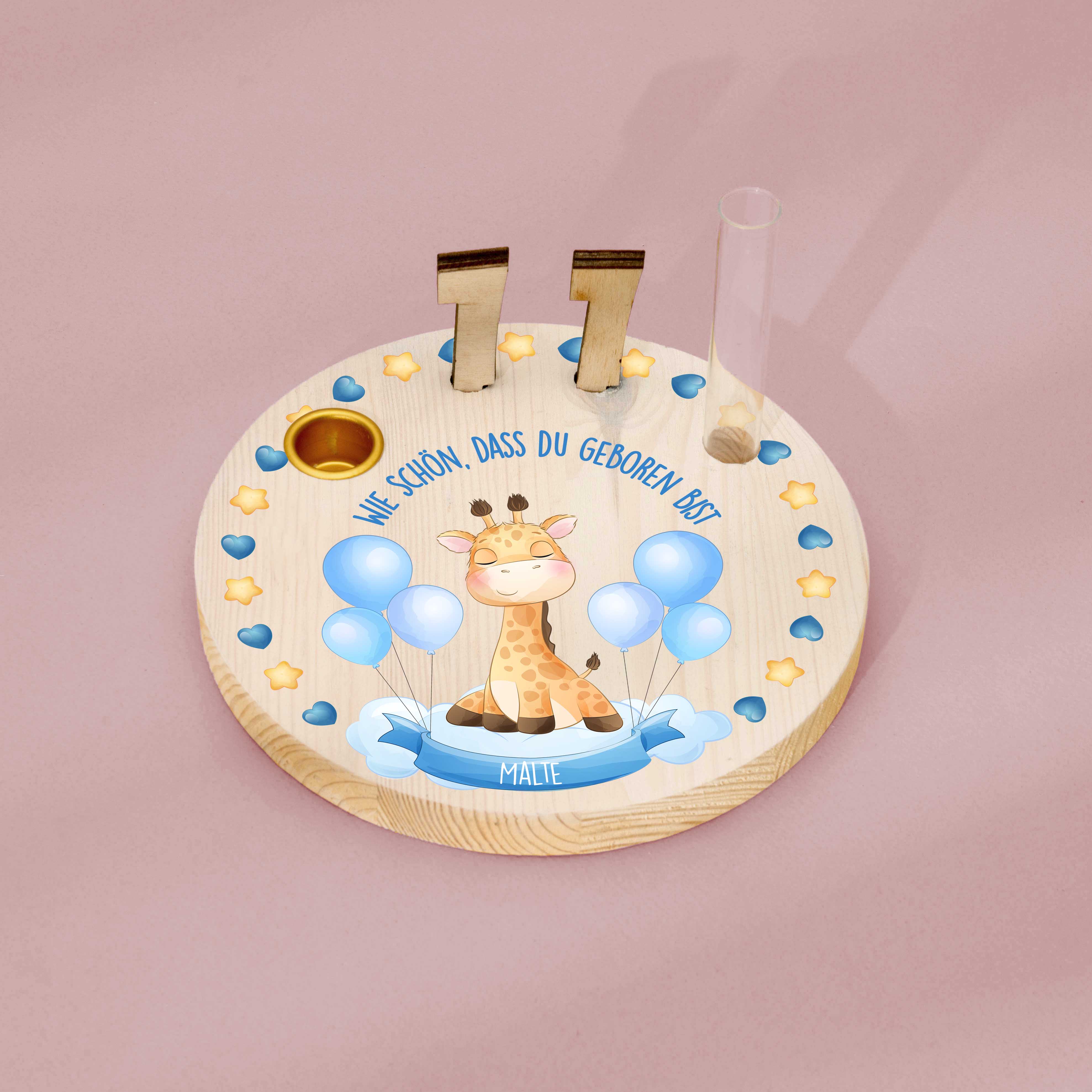Geburtstagskranz  aus Holz mit  Wunschnamen personalisiert - Motiv 36 Giraffe blau
