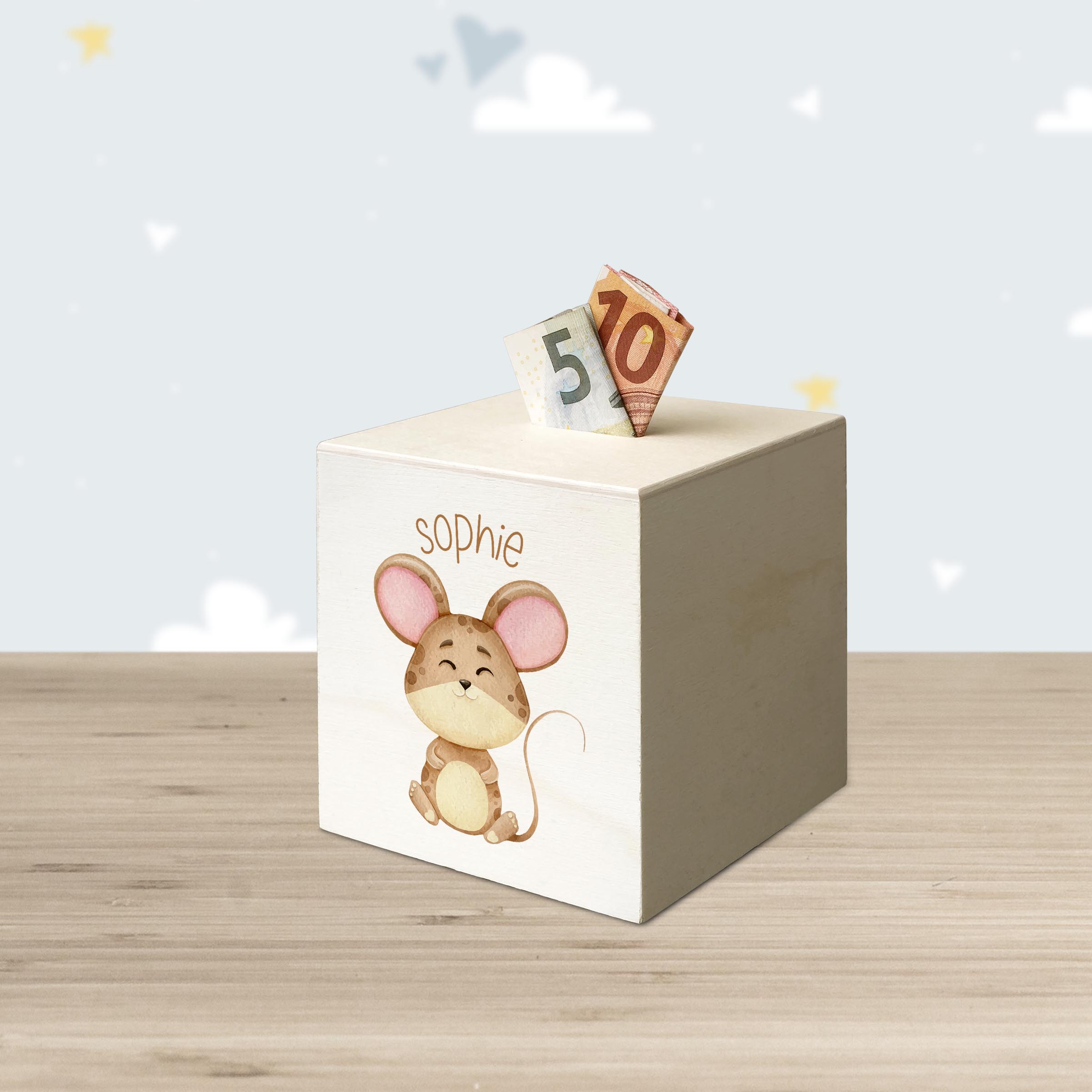 hübsche Holzspardose: personalisierbare Sparbüchse Motiv 12 Maus