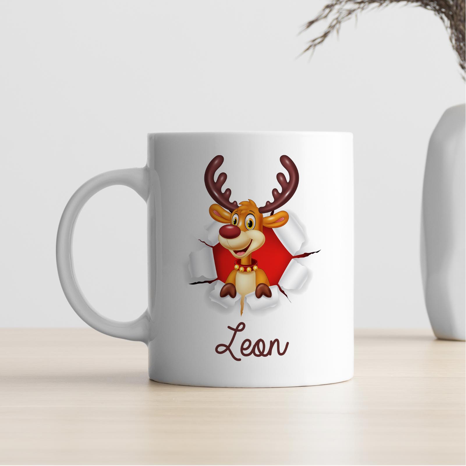 Personalisierte Weihnachtstasse 330 ml – Rentier Motiv mit Name – beidseitig bedruckt