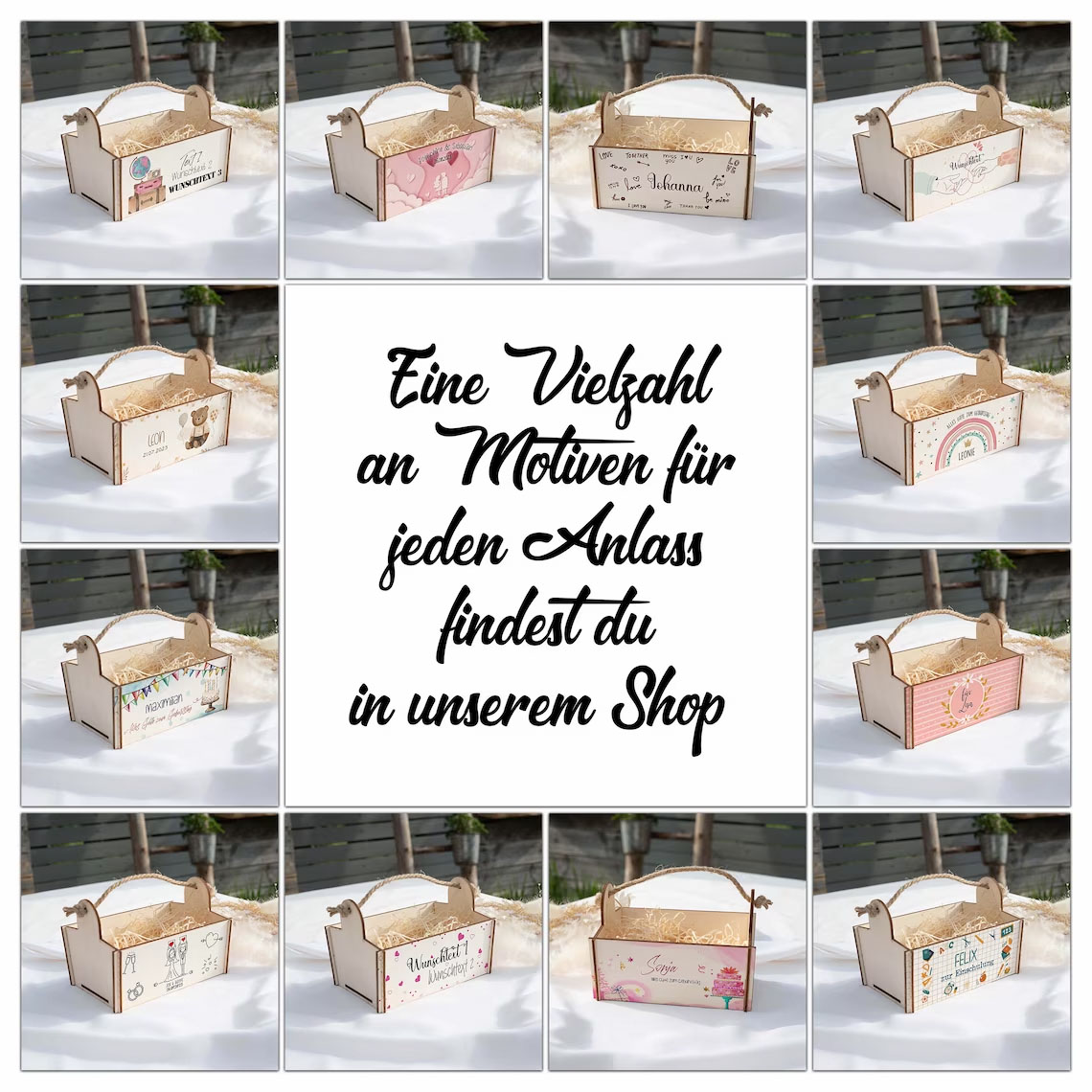 Geschenkkorb mit Holzwolle, Bausatz mit Motiv 11 Hände