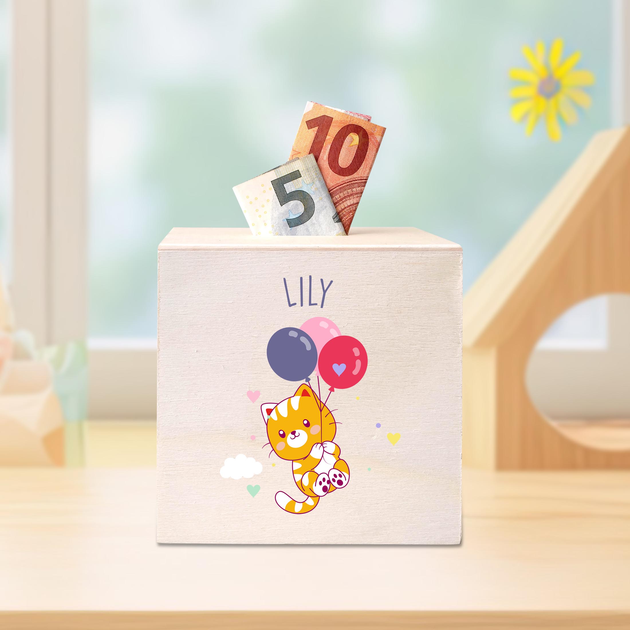 hübsche Holzspardose: personalisierbare Sparbüchse Motiv 10 Katze mit Luftballons