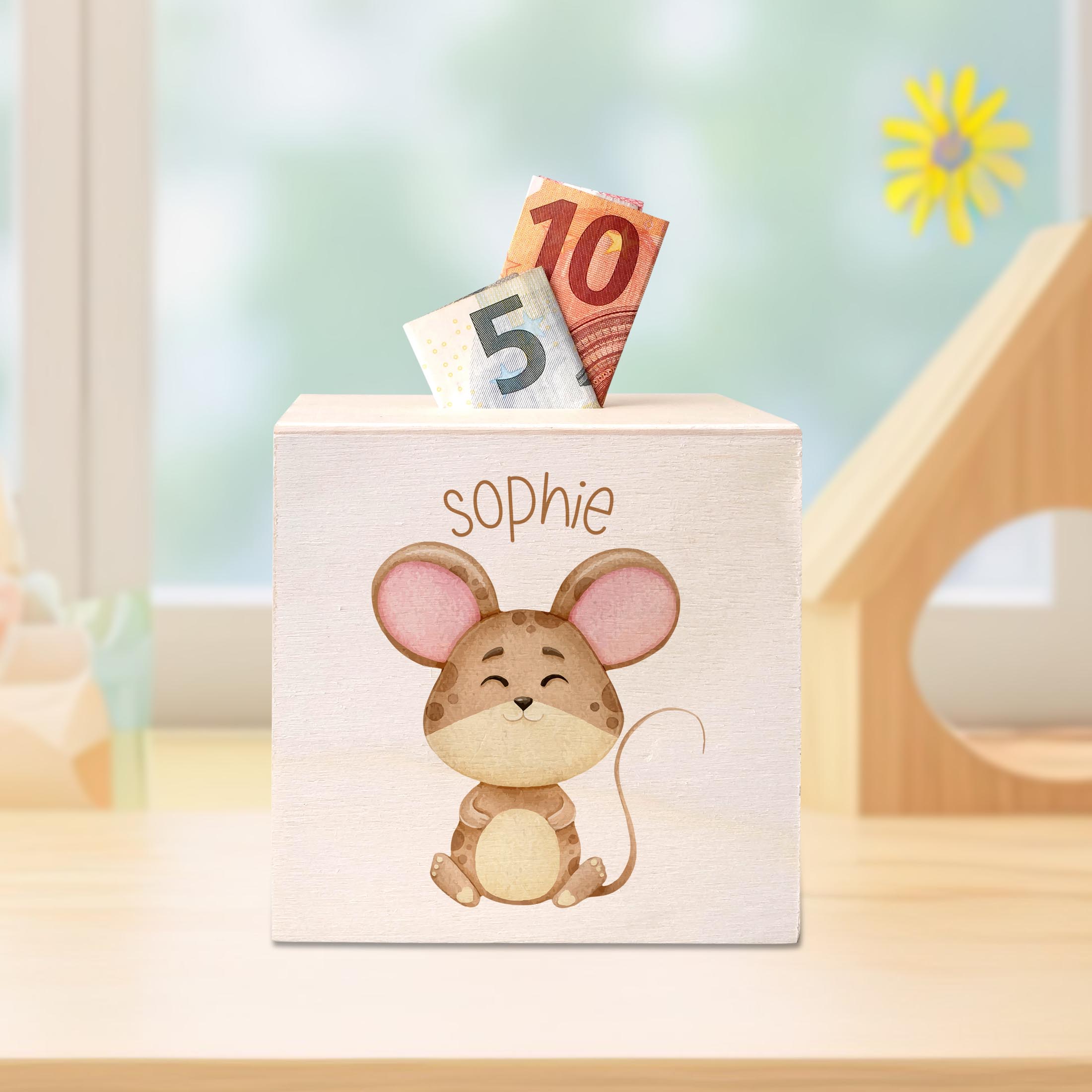 hübsche Holzspardose: personalisierbare Sparbüchse Motiv 12 Maus