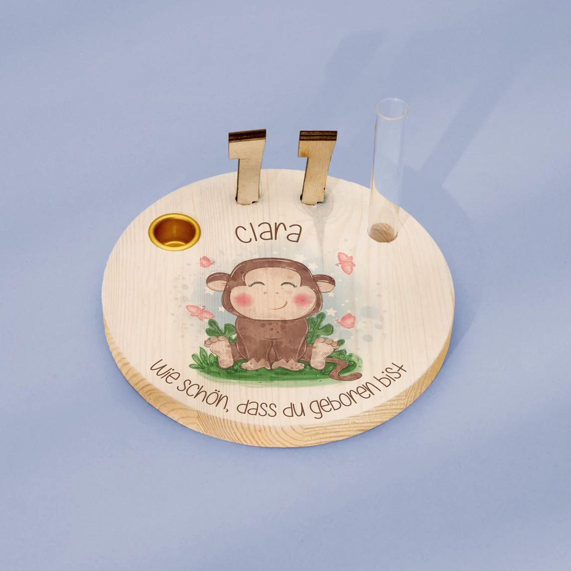 Geburtstagskranz  aus Holz mit  Wunschnamen personalisiert - Motiv 28 Affe