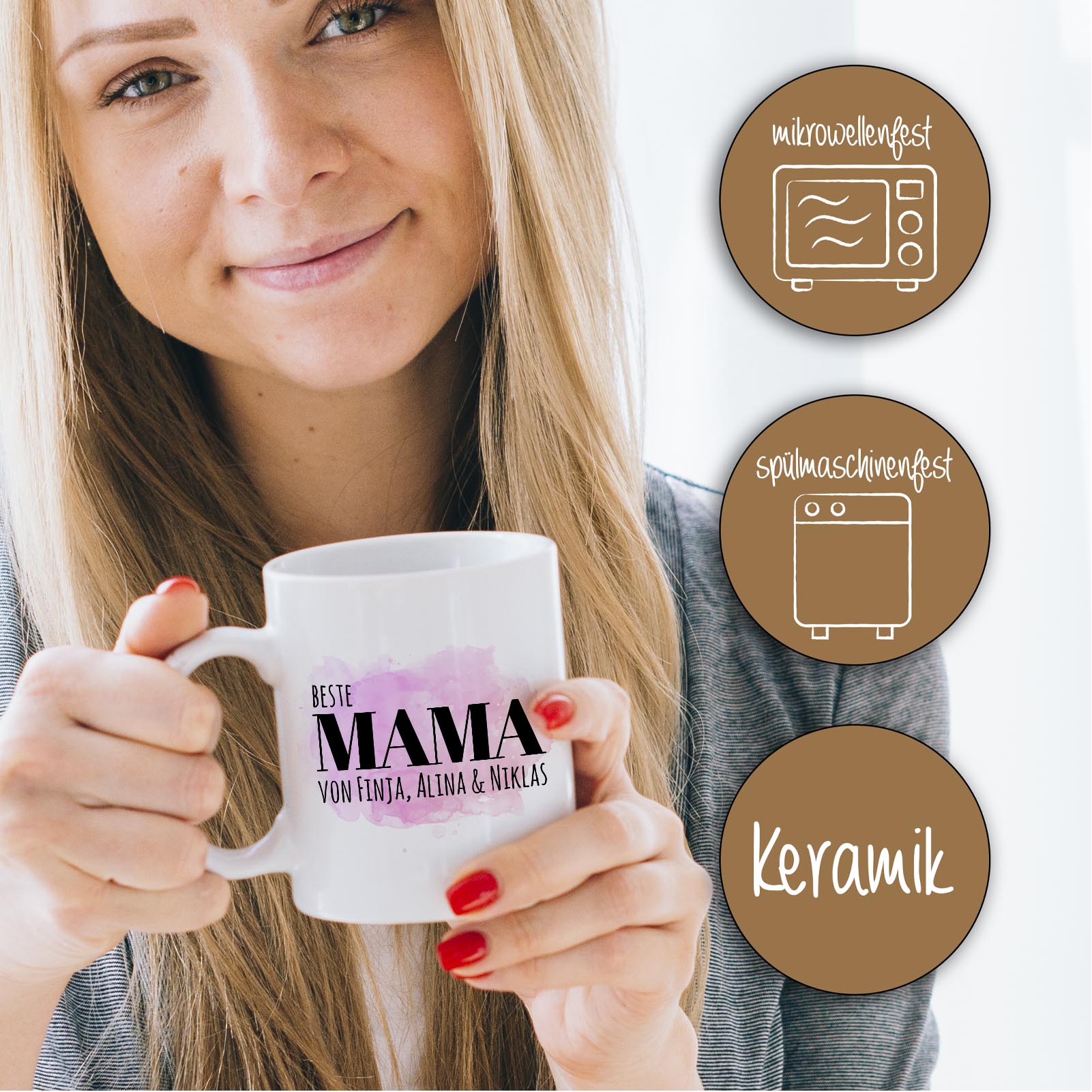 Personalisierte Tasse 330 ml – Beste Mama der Welt – mit Namen der Kinder – beidseitig bedruckt