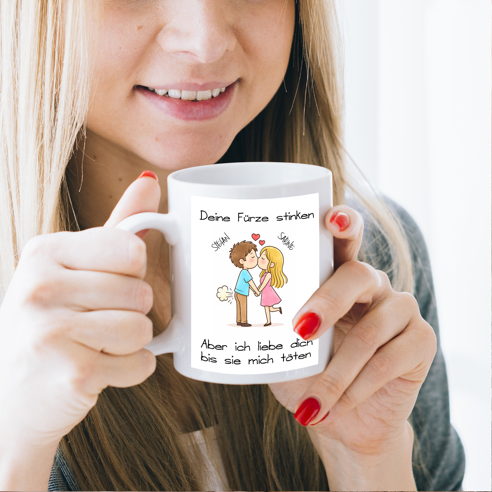 Keramiktasse 330ml „Deine Fürze stinken, aber ich liebe dich“ – personalisiert mit 2 Namen & Wunsch-