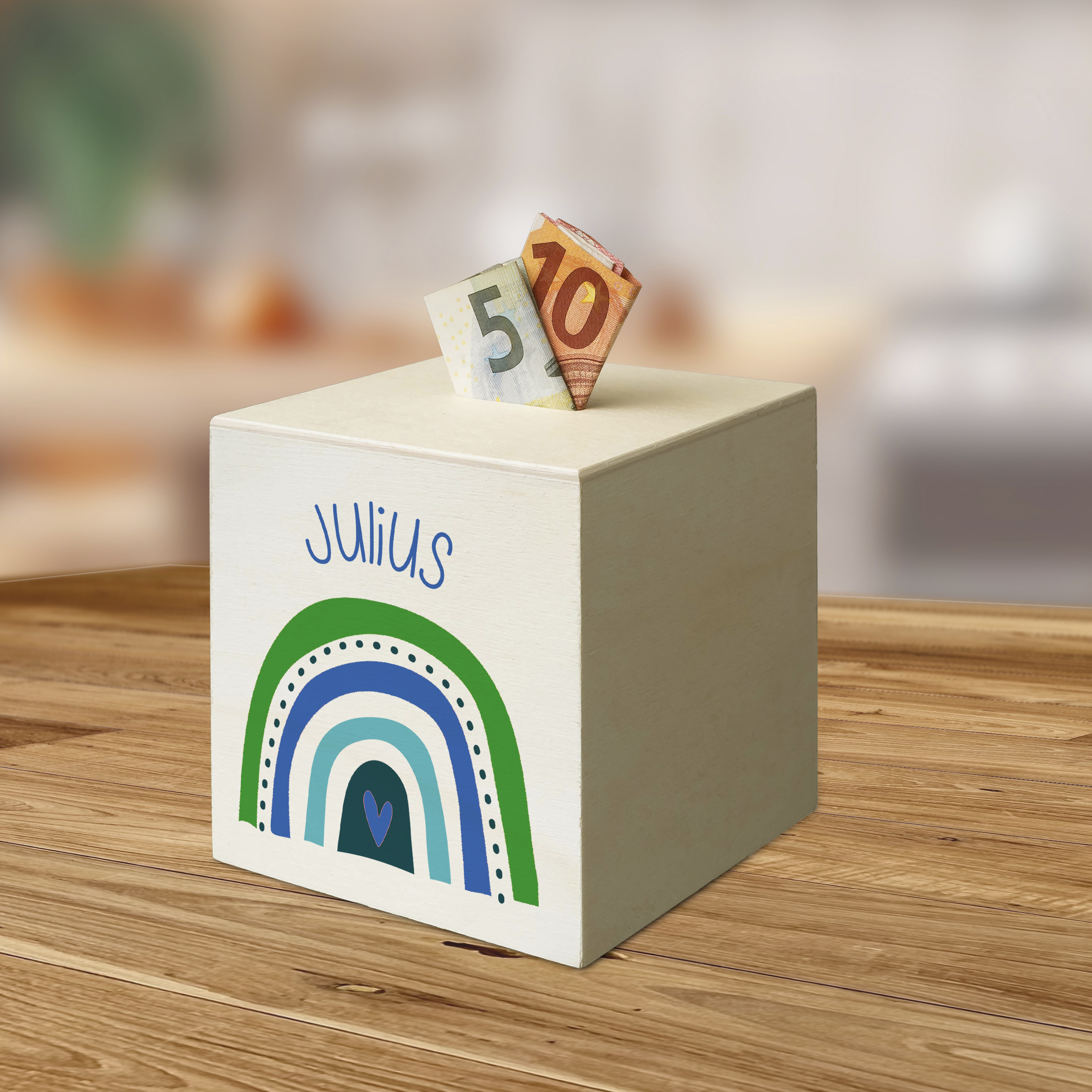 hübsche Holzspardose: personalisierbare Sparbüchse Motiv 25 Regenbogen blau grün