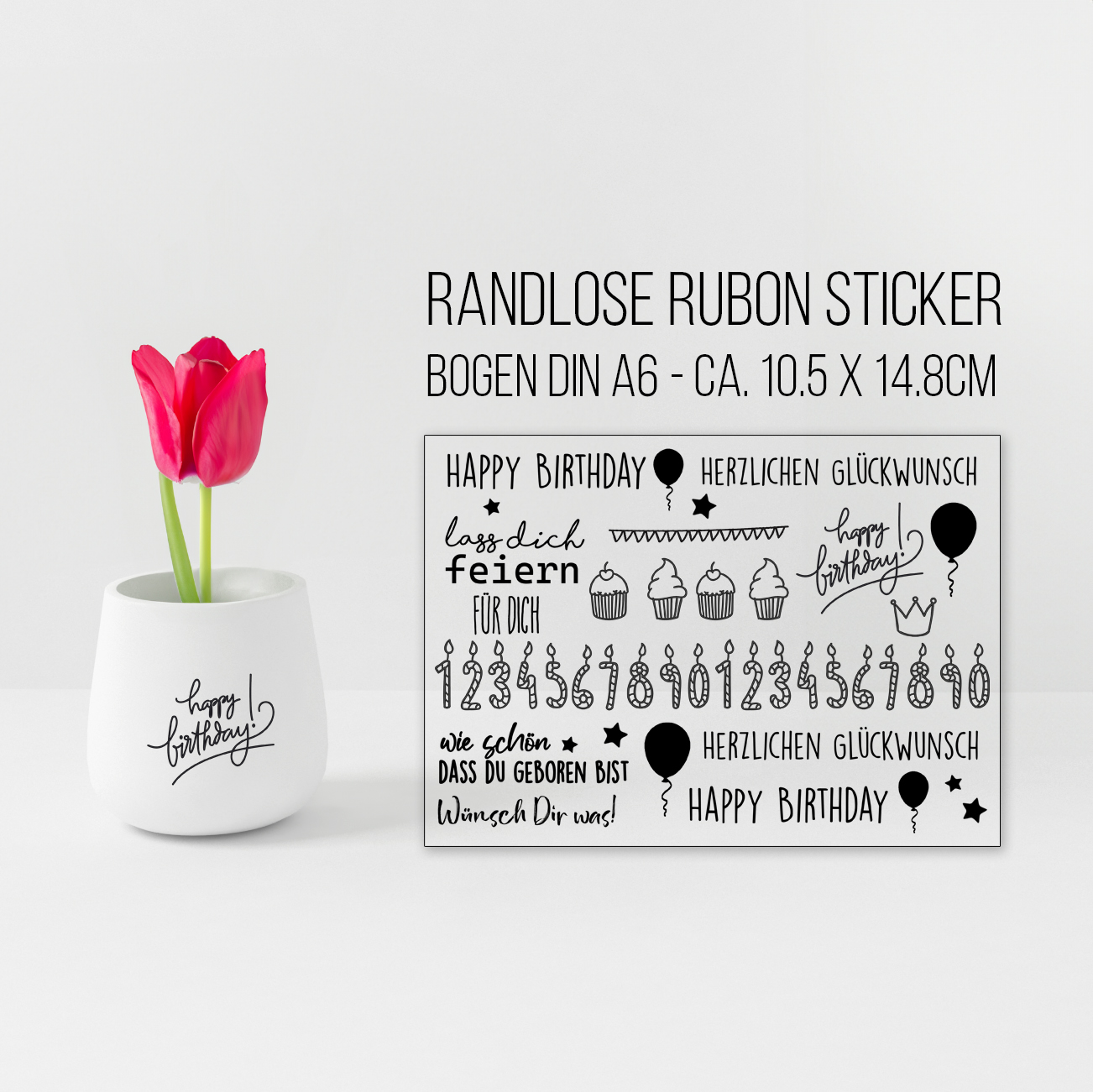 randlose Rub-on Sticker M204 Geburtstag