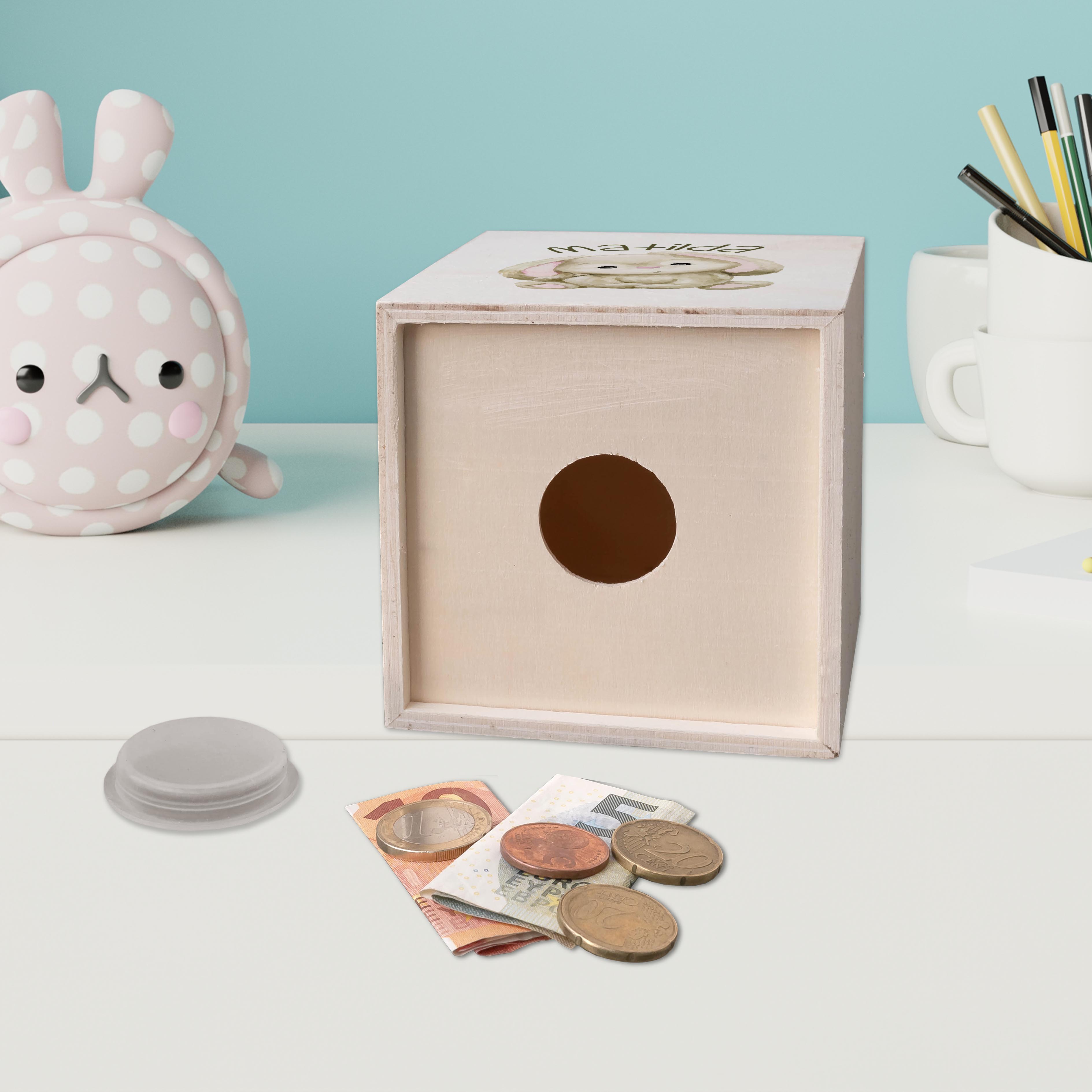 hübsche Holzspardose: personalisierbare Sparbüchse Motiv 07 Hase
