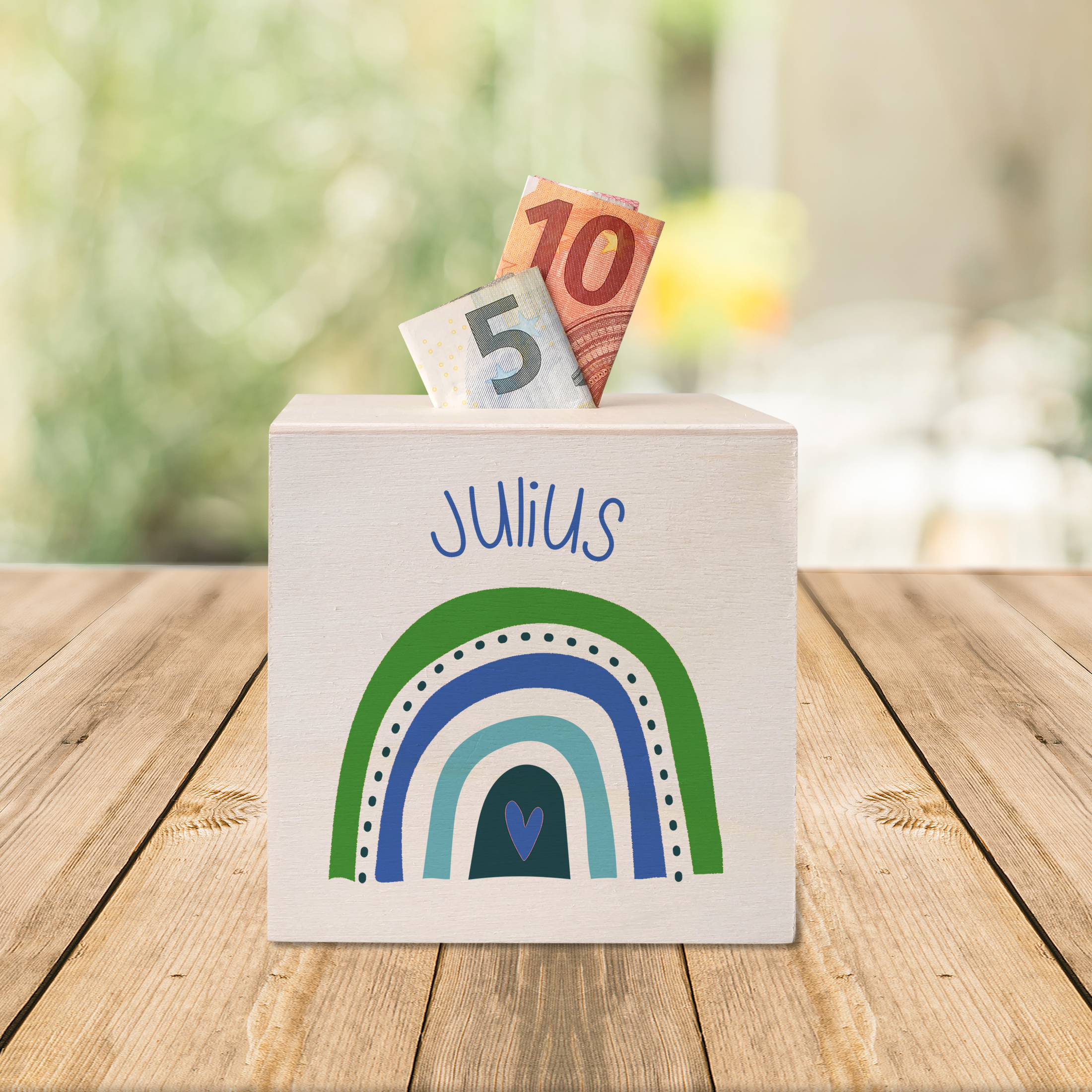 hübsche Holzspardose: personalisierbare Sparbüchse Motiv 25 Regenbogen blau grün