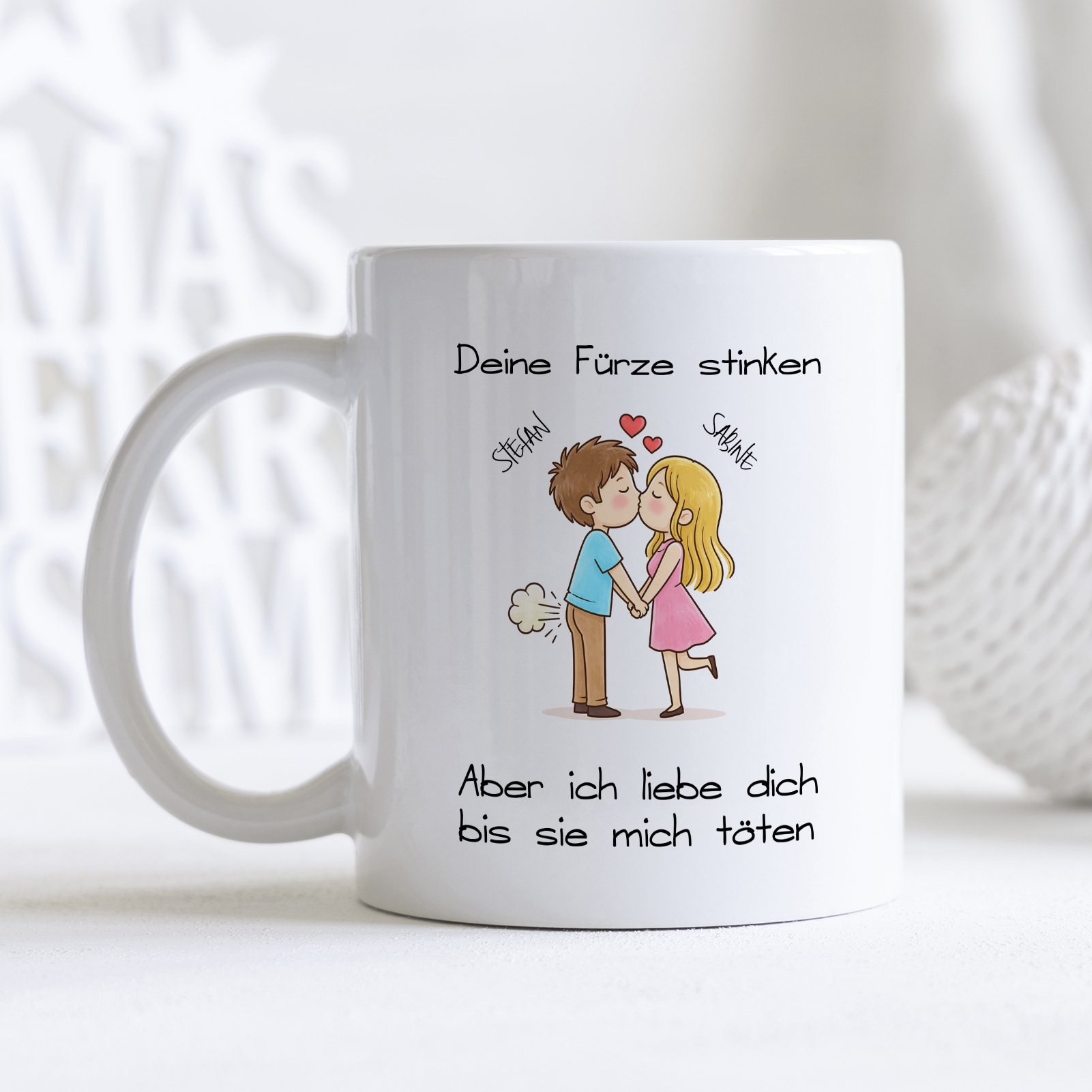 Keramiktasse 330ml „Deine Fürze stinken, aber ich liebe dich“ – personalisiert mit 2 Namen & Wunsch-