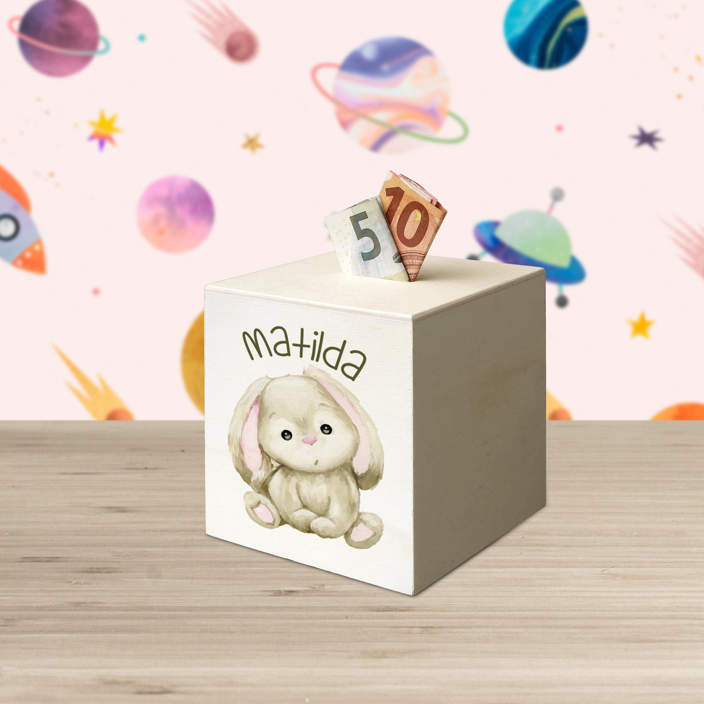 hübsche Holzspardose: personalisierbare Sparbüchse Motiv 07 Hase