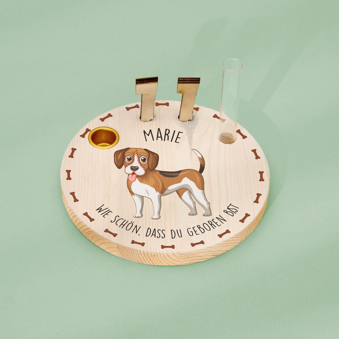Geburtstagskranz  aus Holz mit  Wunschnamen personalisiert - Motiv 33 Hund 1
