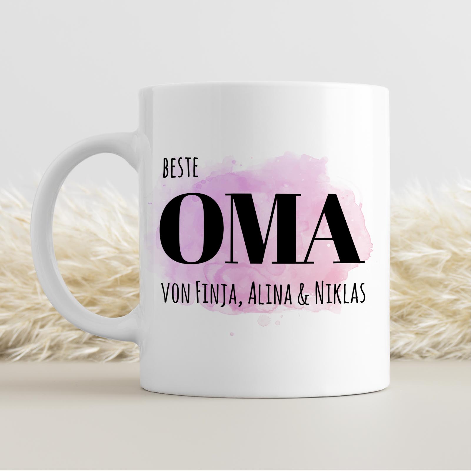 Personalisierte Tasse 330 ml – Beste Oma der Welt – mit Namen der Enkel – beidseitig bedruckt