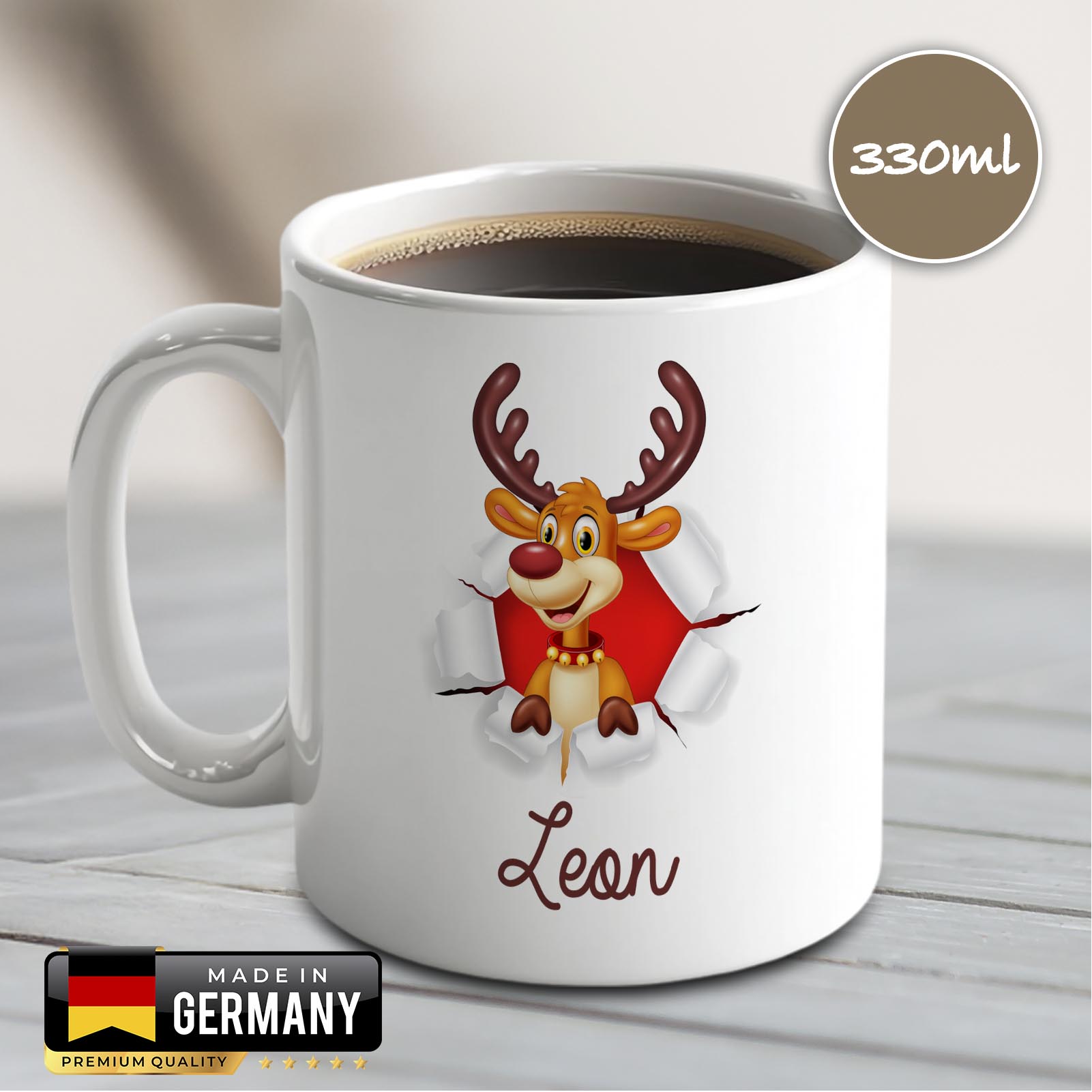 Personalisierte Weihnachtstasse 330 ml – Rentier Motiv mit Name – beidseitig bedruckt