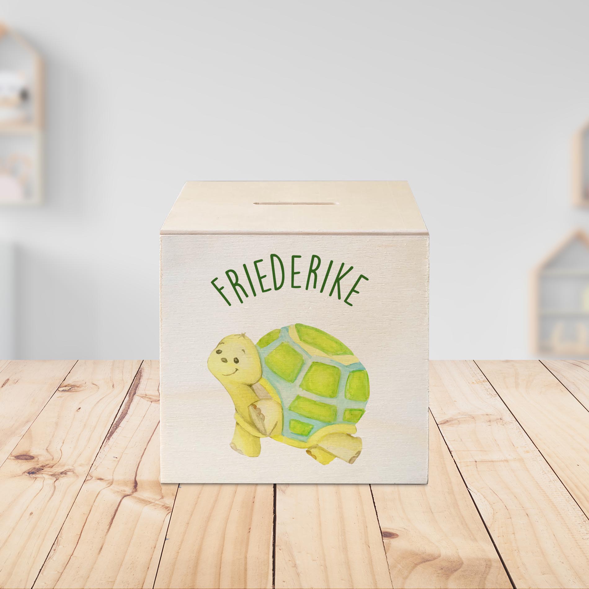 hübsche Holzspardose: personalisierbare Sparbüchse Motiv 11 Schildkröte