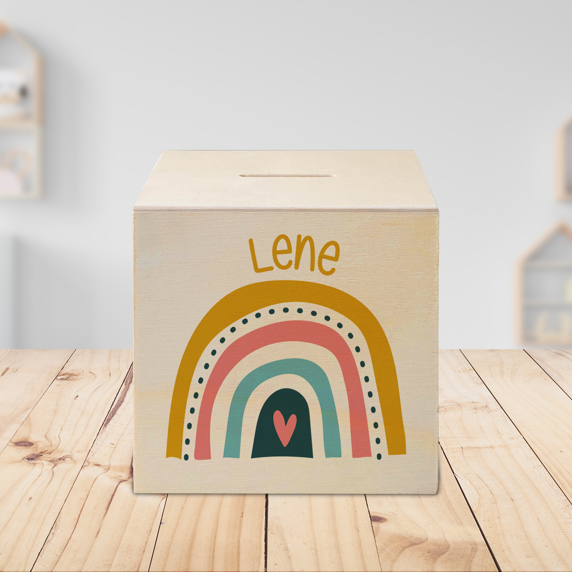 hübsche Holzspardose: personalisierbare Sparbüchse Motiv 17 Regenbogen