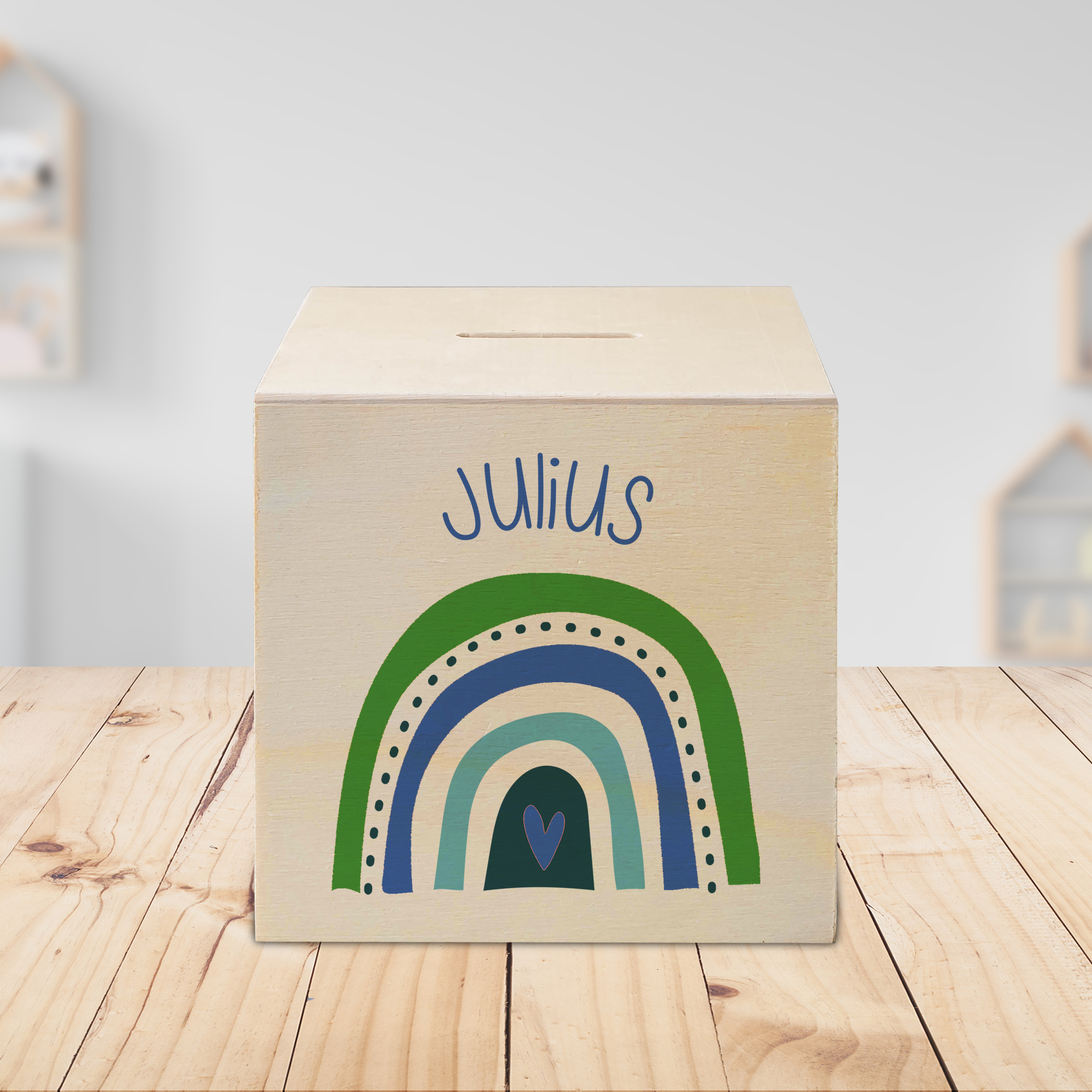 hübsche Holzspardose: personalisierbare Sparbüchse Motiv 25 Regenbogen blau grün