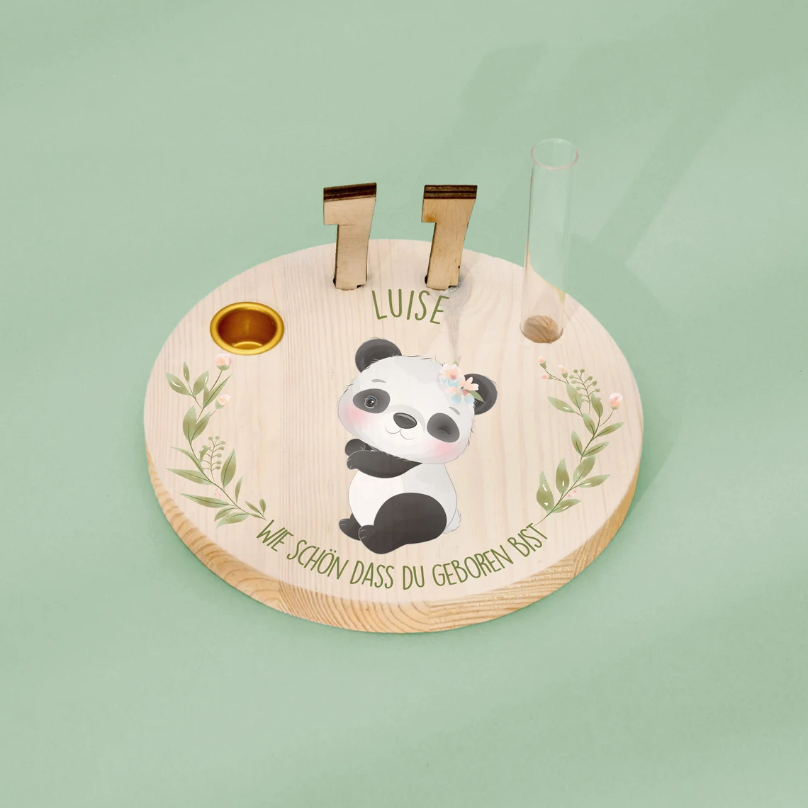 Geburtstagskranz  aus Holz mit  Wunschnamen personalisiert - Motiv 18 Panda