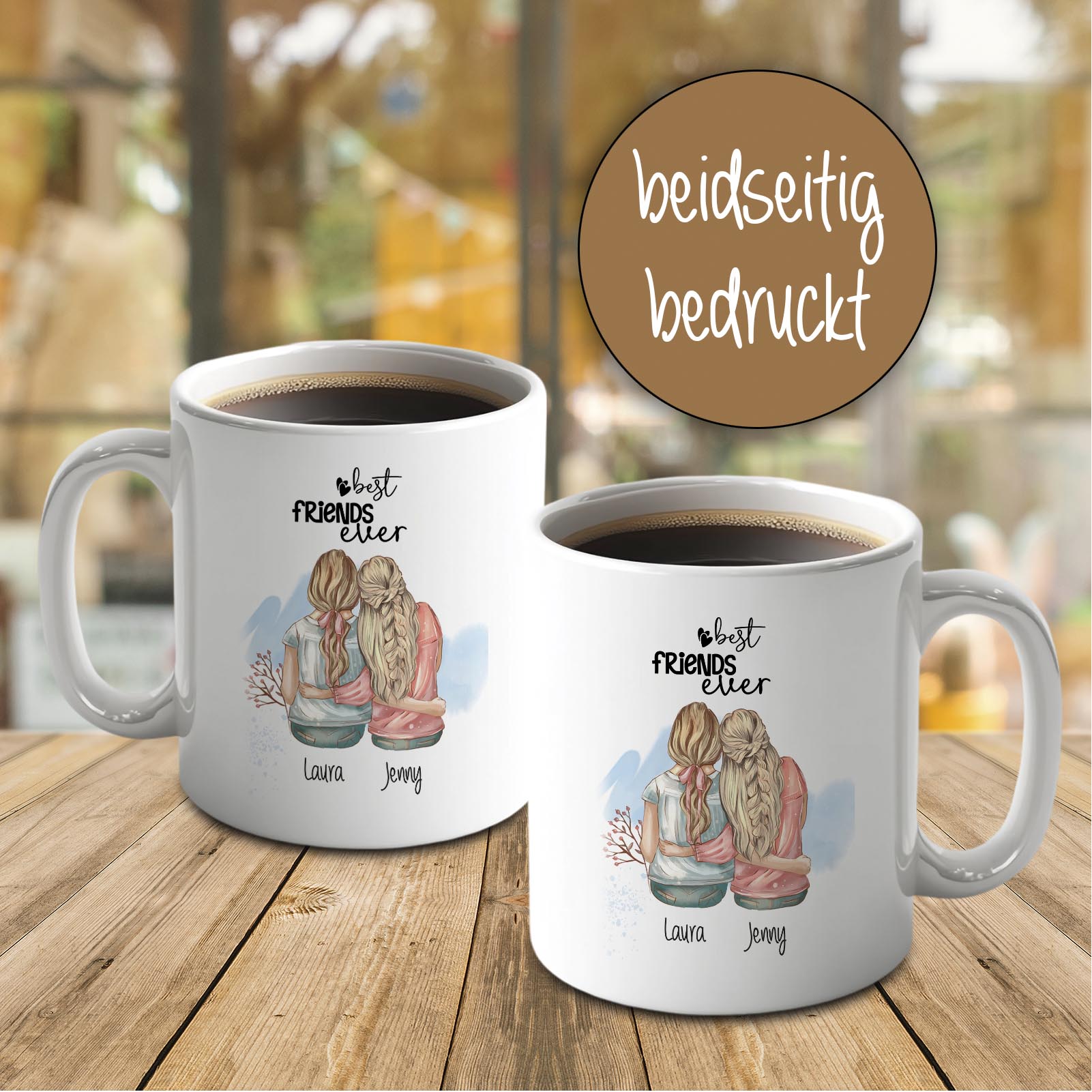 Personalisierte Tasse 330 ml – Beste Freundin – mit 2 Namen – beidseitig bedruckt