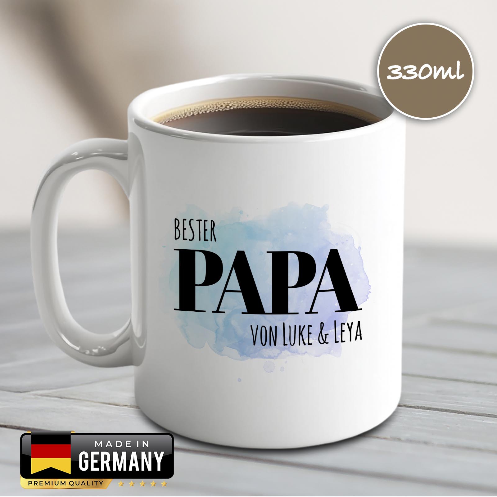 Personalisierte Tasse 330 ml – Bester Papa der Welt – mit Namen der Kinder – beidseitig bedruckt