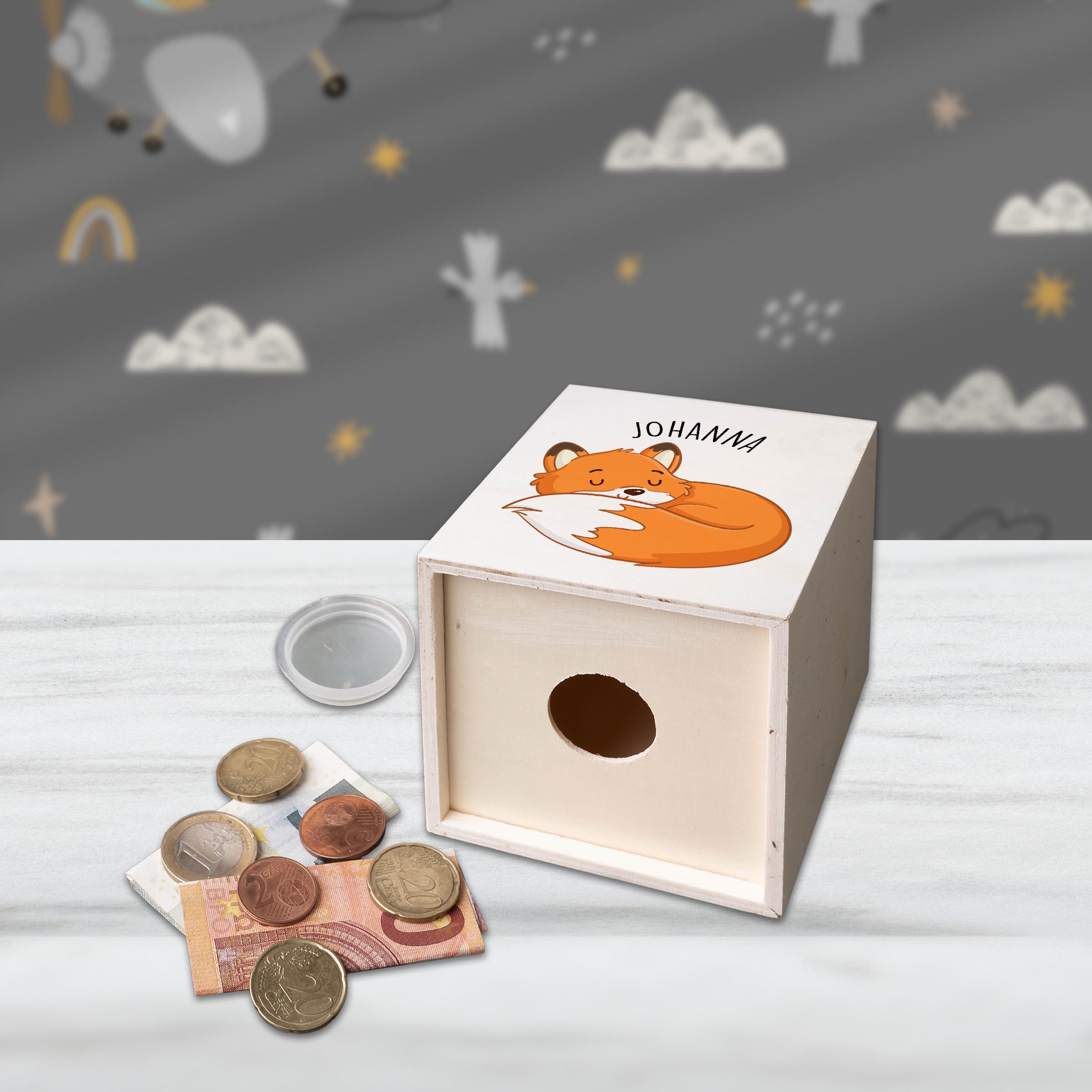 hübsche Holzspardose: personalisierbare Sparbüchse Motiv 04 Fuchs