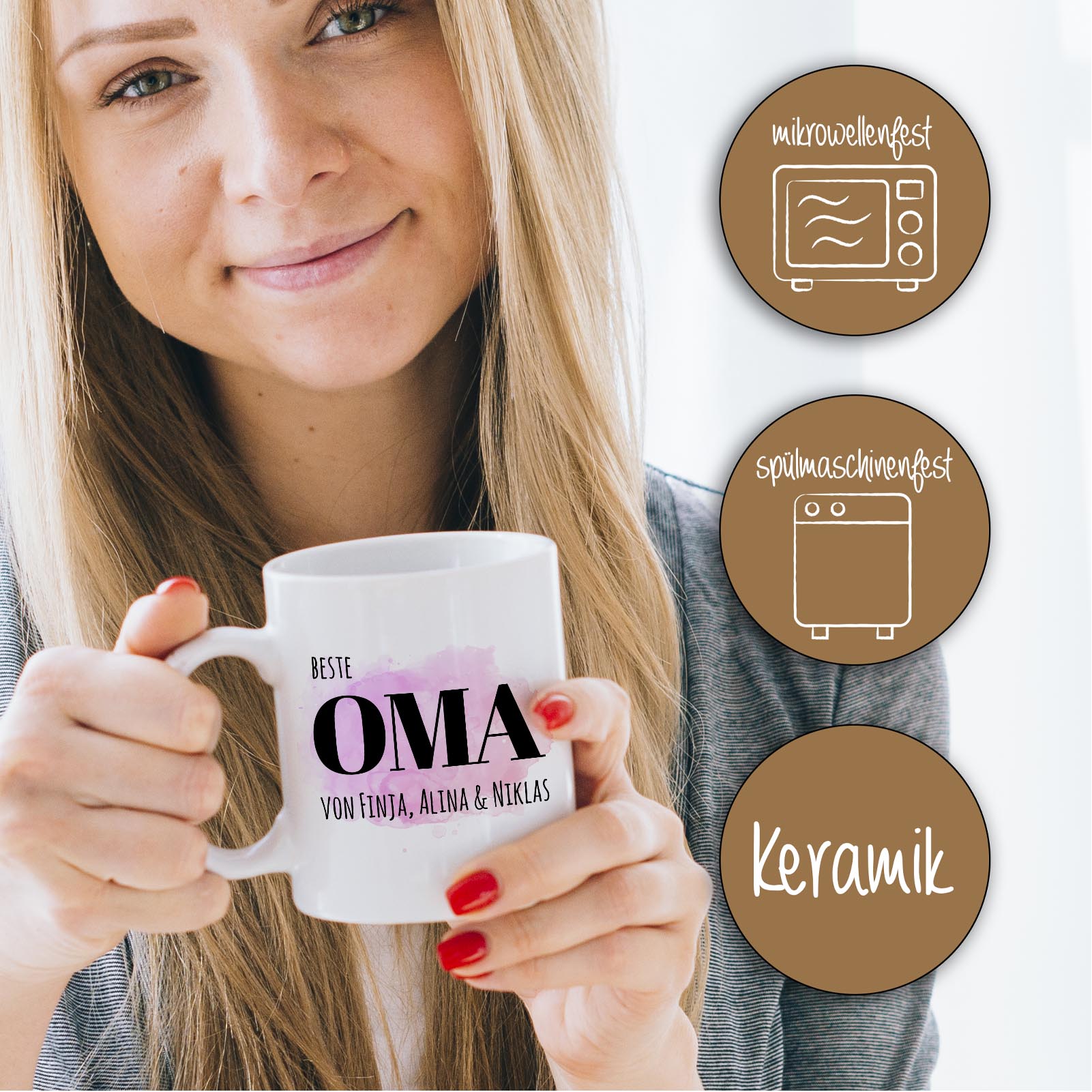 Personalisierte Tasse 330 ml – Beste Oma der Welt – mit Namen der Enkel – beidseitig bedruckt