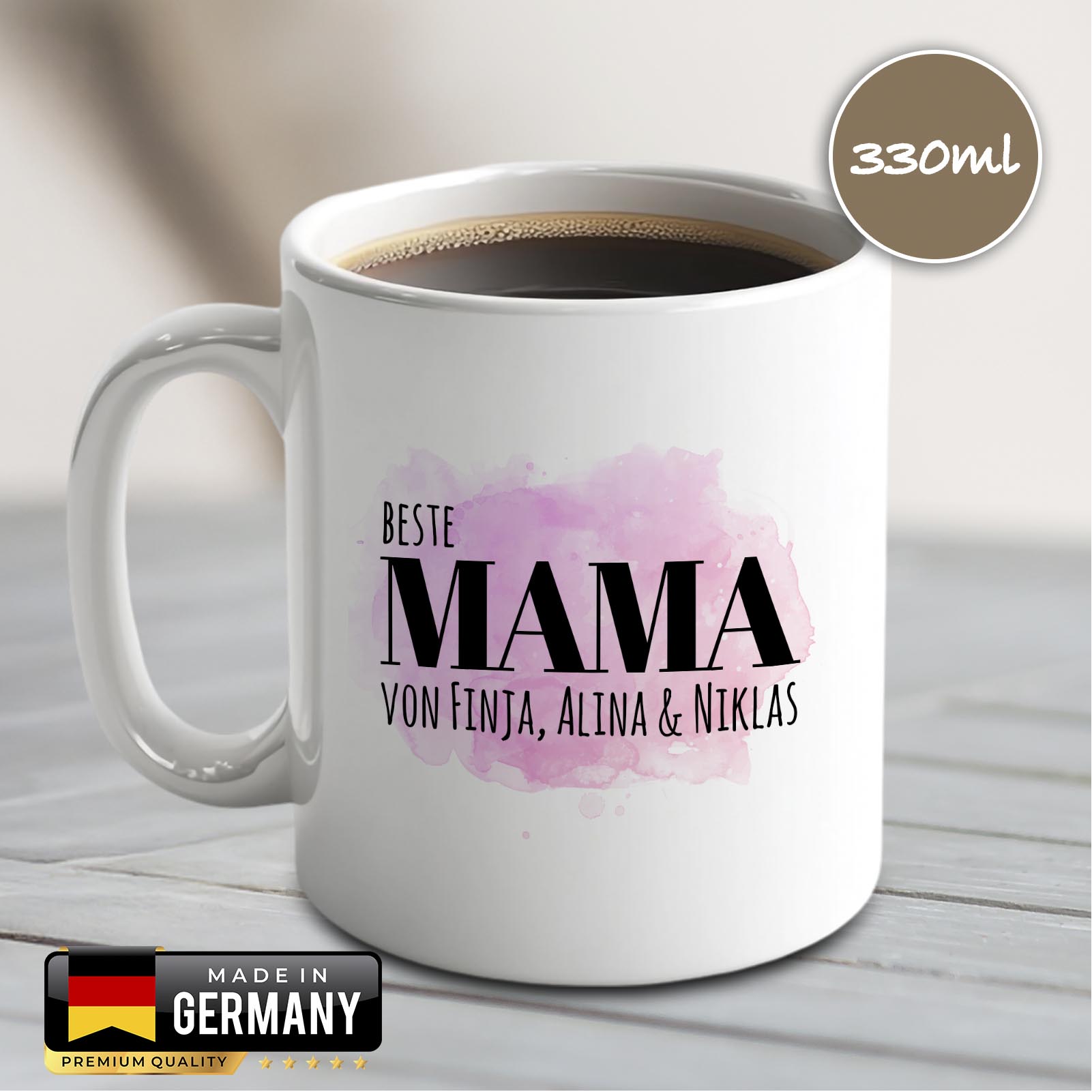 Personalisierte Tasse 330 ml – Beste Mama der Welt – mit Namen der Kinder – beidseitig bedruckt
