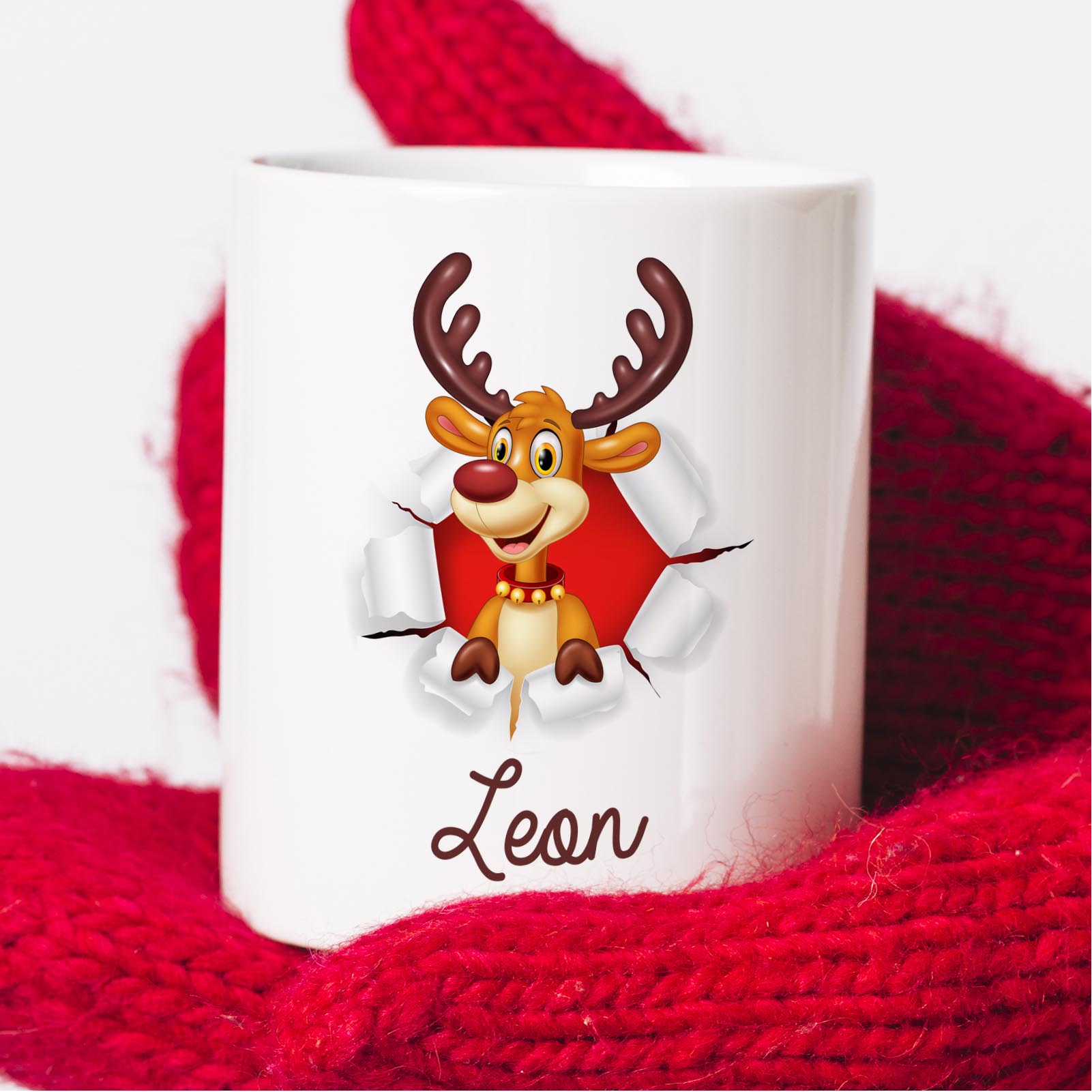 Personalisierte Weihnachtstasse 330 ml – Rentier Motiv mit Name – beidseitig bedruckt