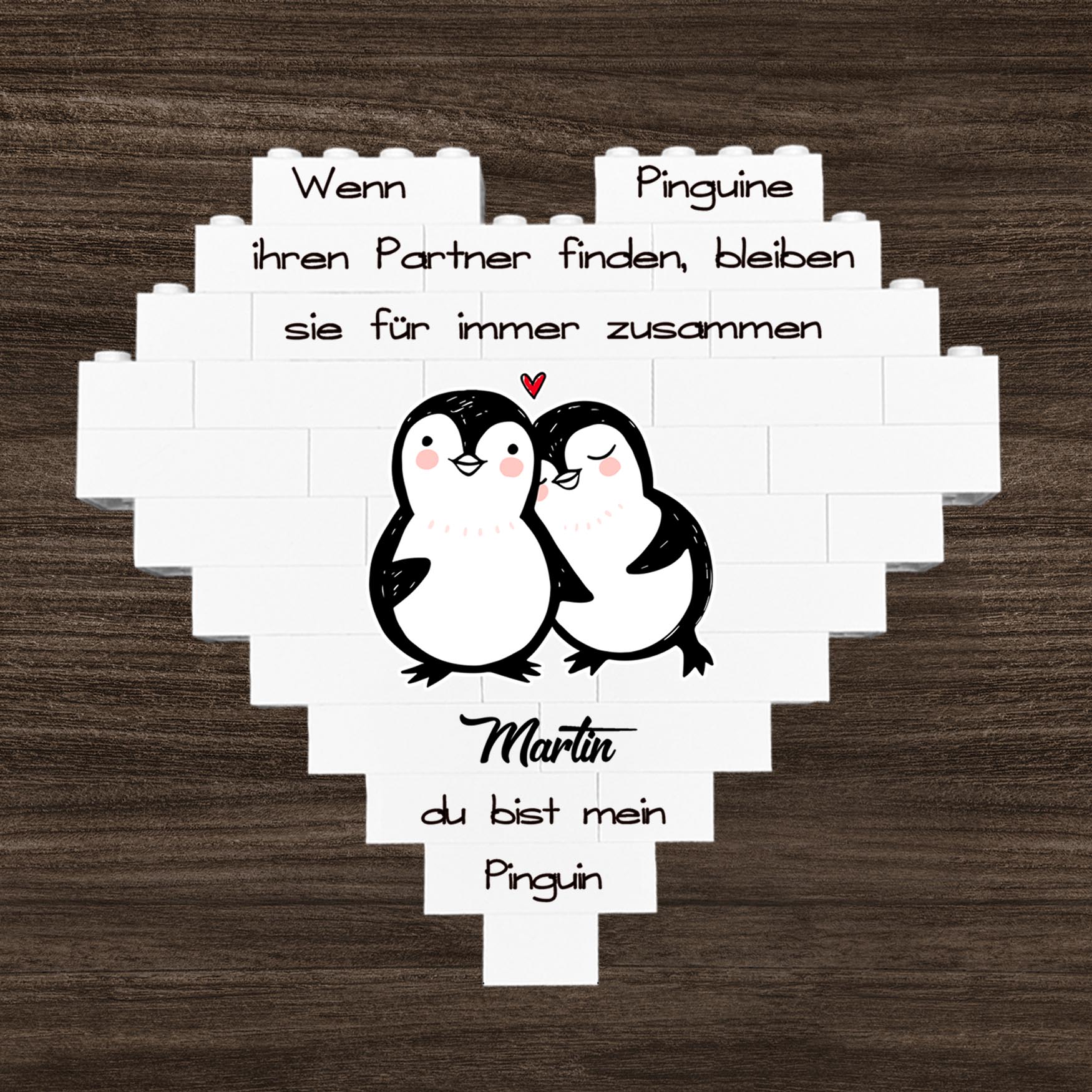 Personalisiertes Herz aus Klemmbausteinen - Pinguin Paar