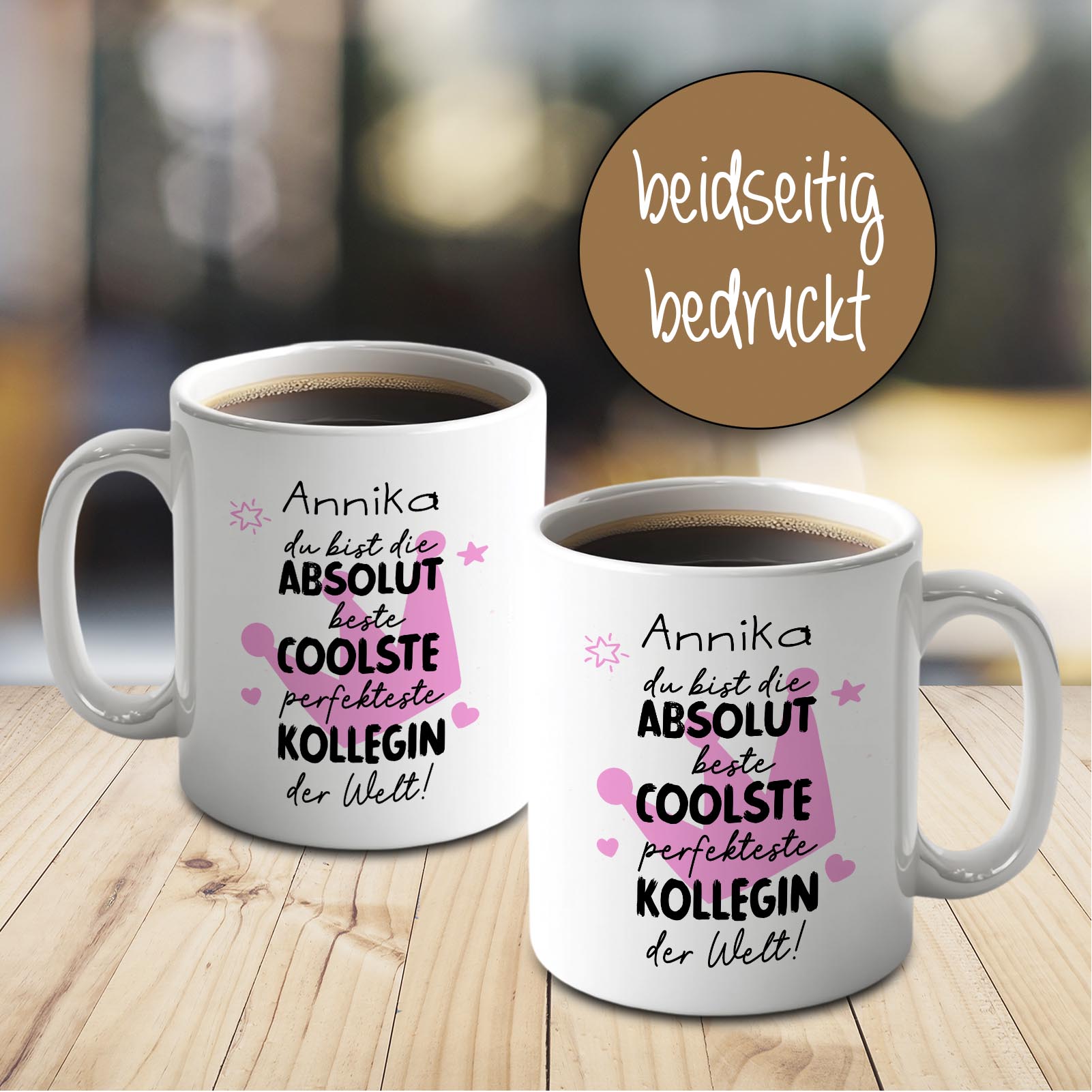 Personalisierte Tasse 330 ml – beste coolste Kollegin der Welt – beidseitig bedruckt mit Wunschname