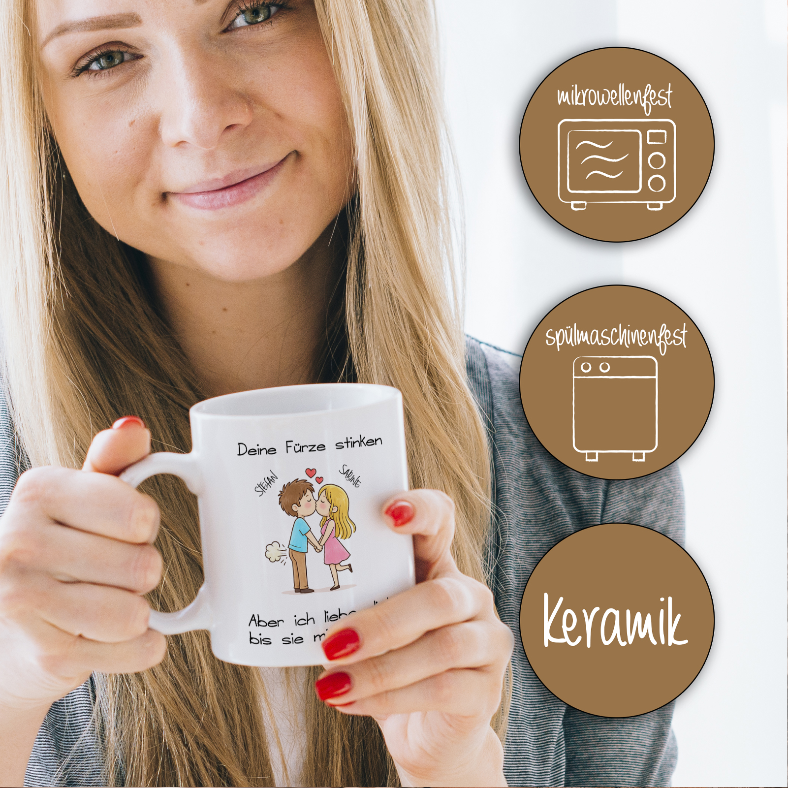 Keramiktasse 330ml „Deine Fürze stinken, aber ich liebe dich“ – personalisiert mit 2 Namen & Wunsch-
