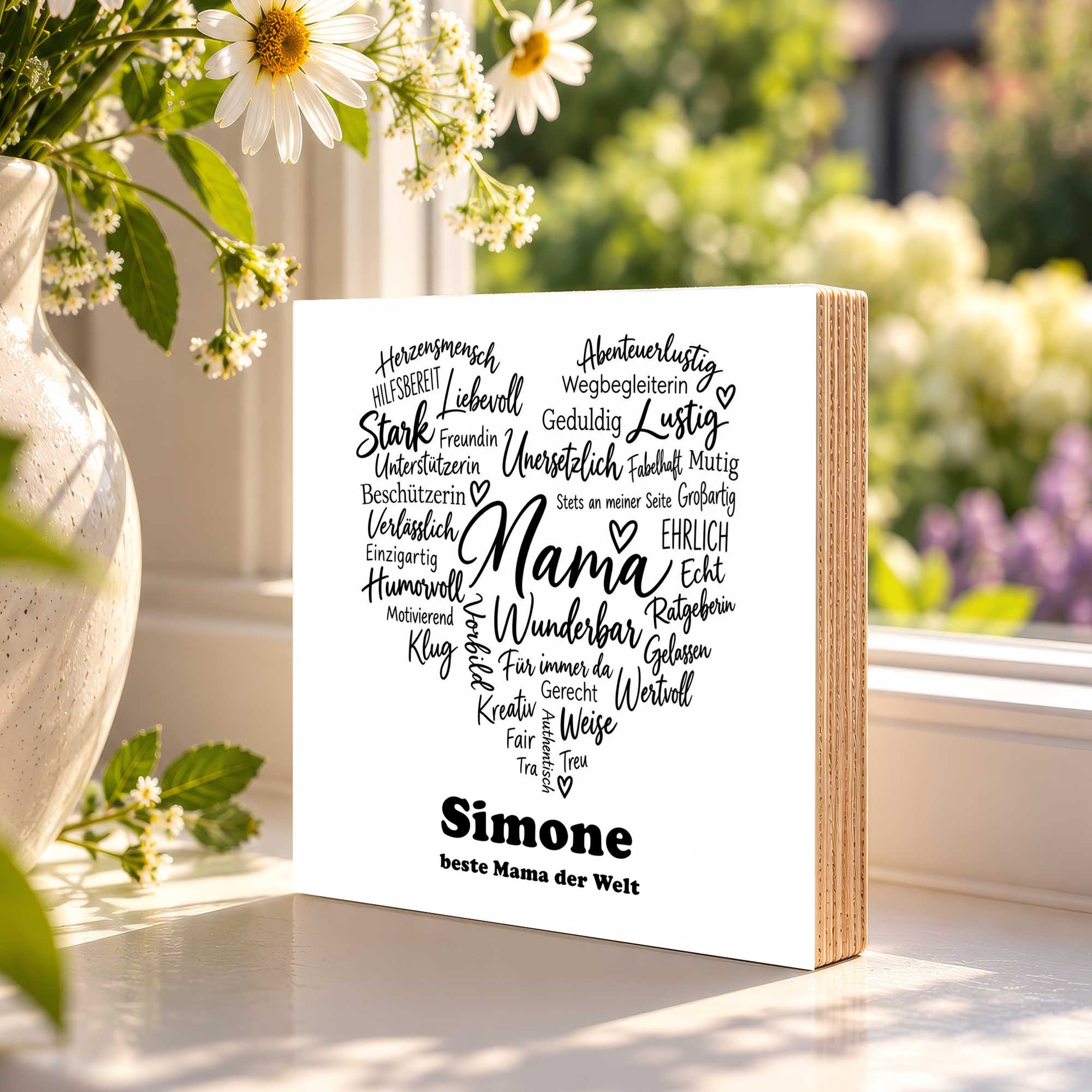 Woodprint personalisiert – Wortwolke Herz Mama & Wunschname – Motiv P061