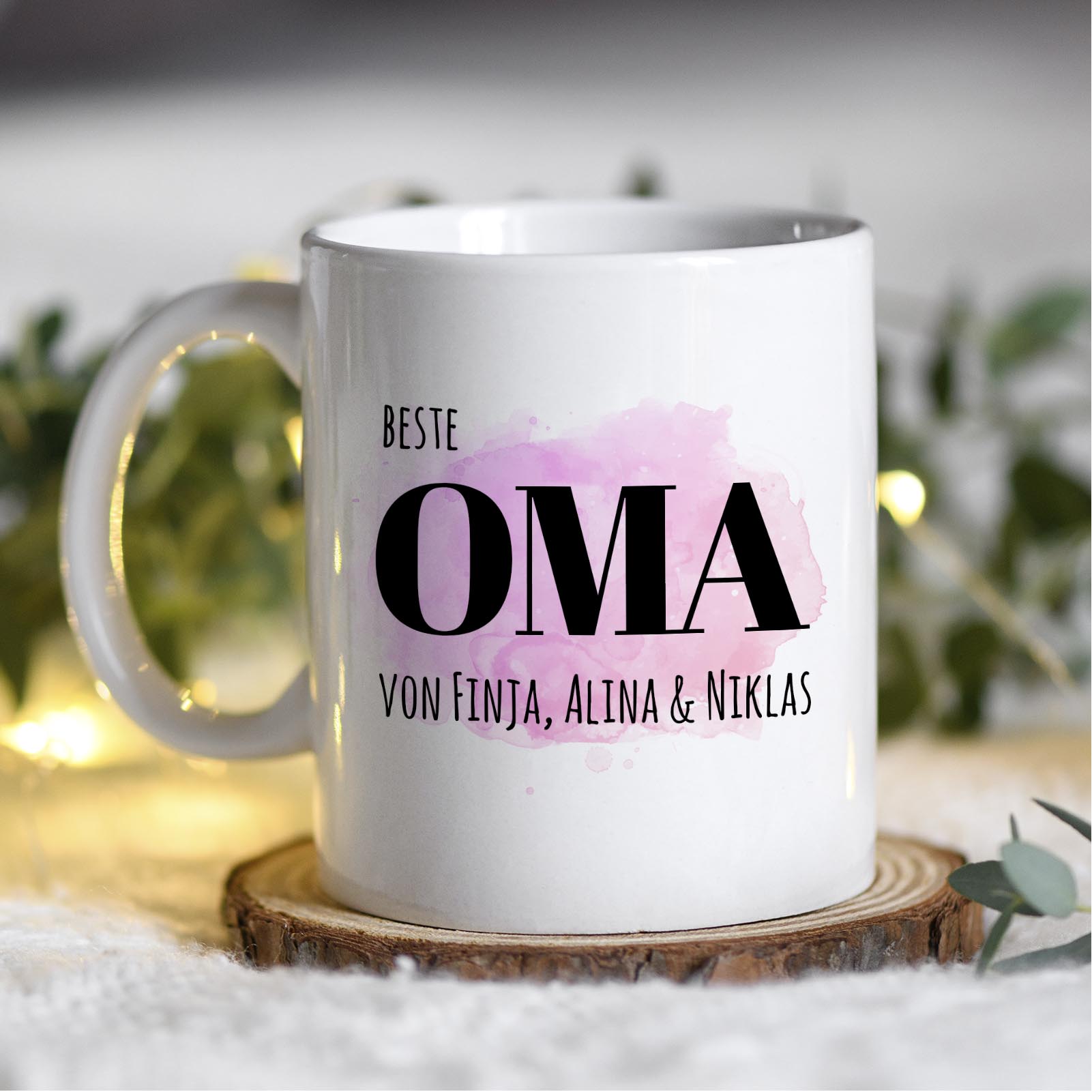 Personalisierte Tasse 330 ml – Beste Oma der Welt – mit Namen der Enkel – beidseitig bedruckt