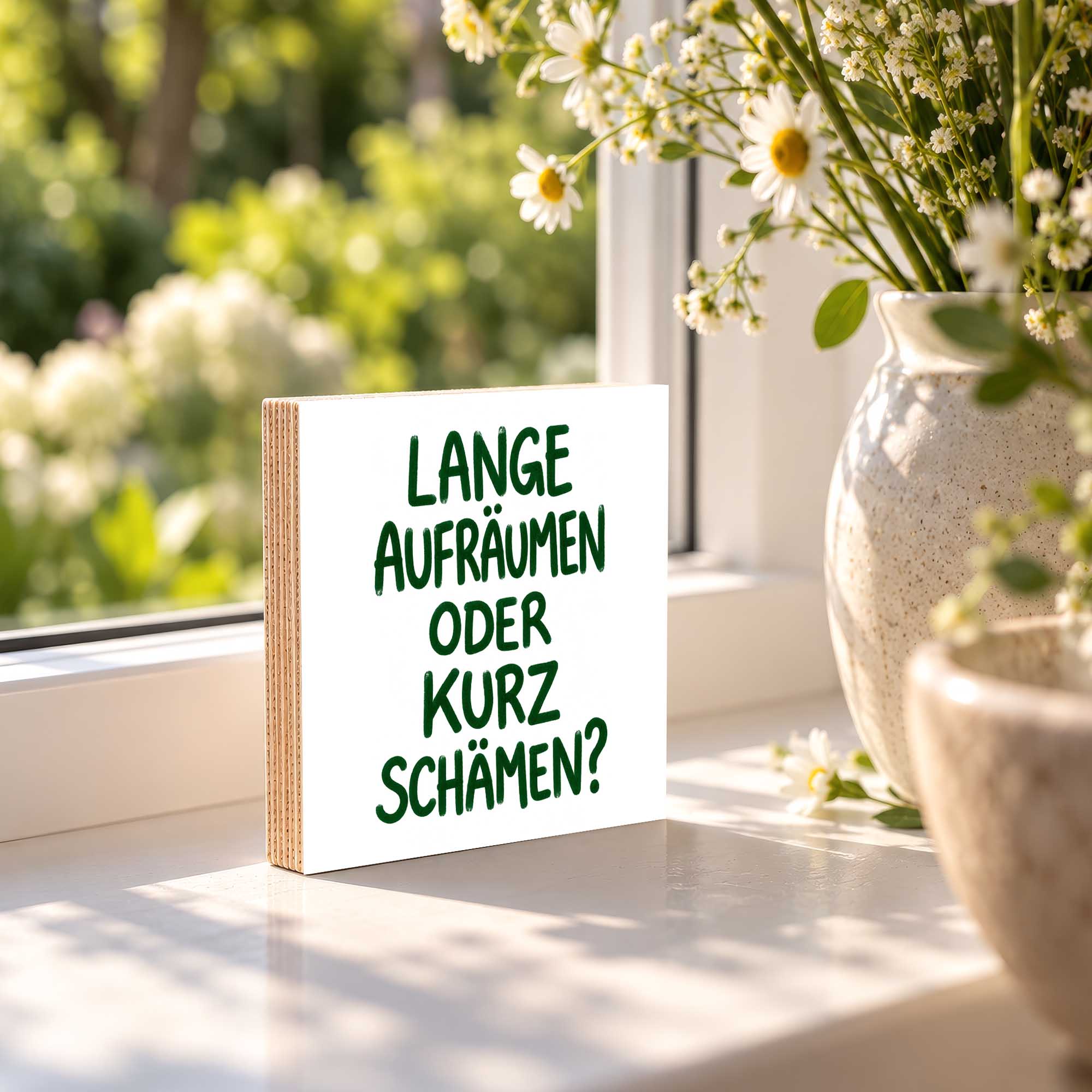 Woodprint Lange aufräumen oder kurz schämen? – humorvoller Spruch – Motiv 027