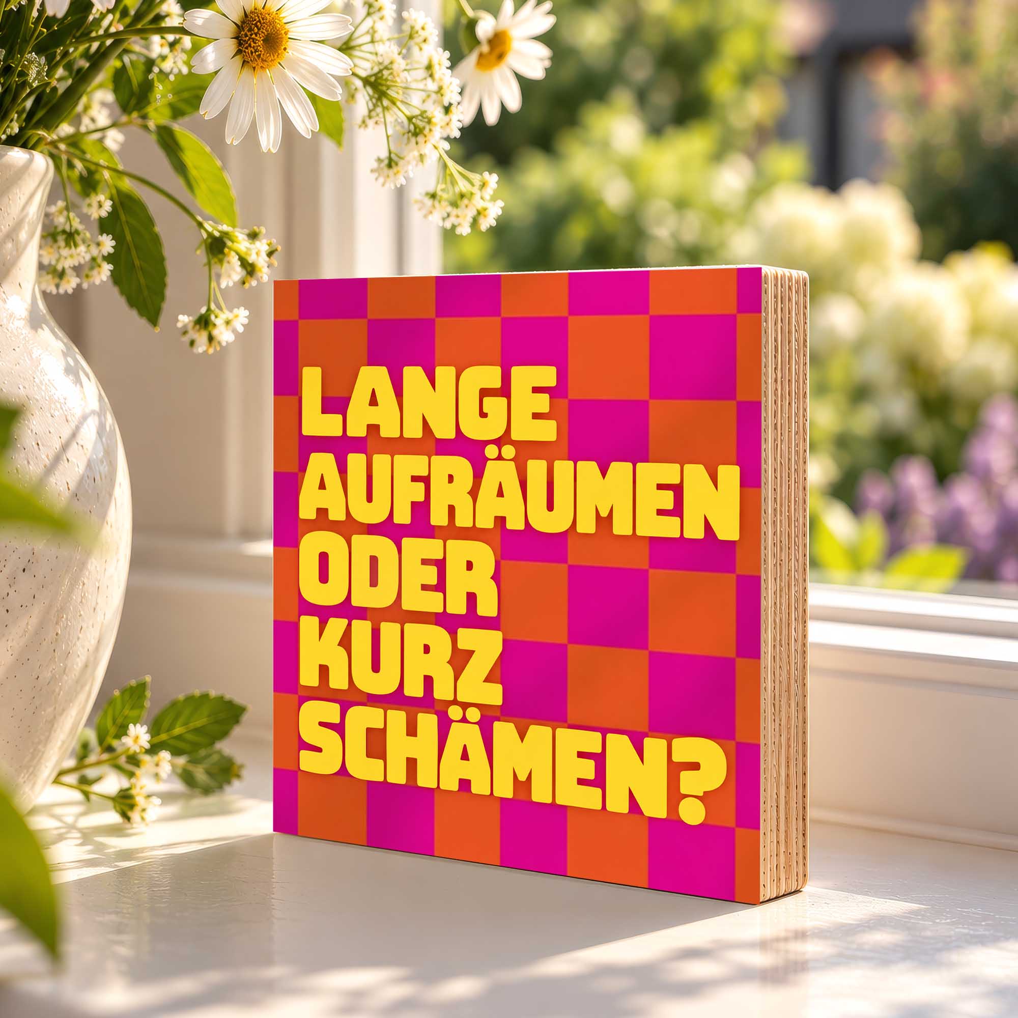 Woodprint Lange aufräumen oder kurz schämen? – bunte Küchen-Deko – Motiv 029